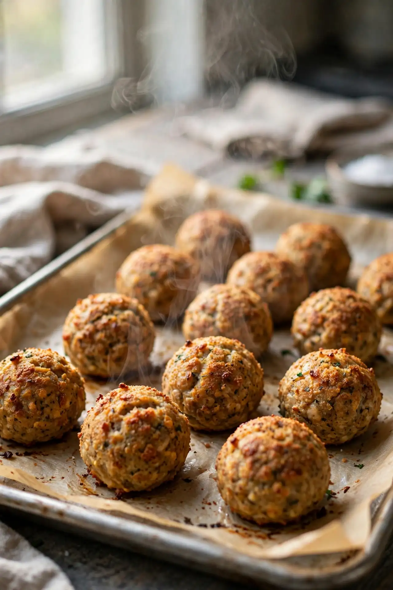 Freshly baked sausage balls on a baking sheet with golden-brown crust — final step in making sausage balls