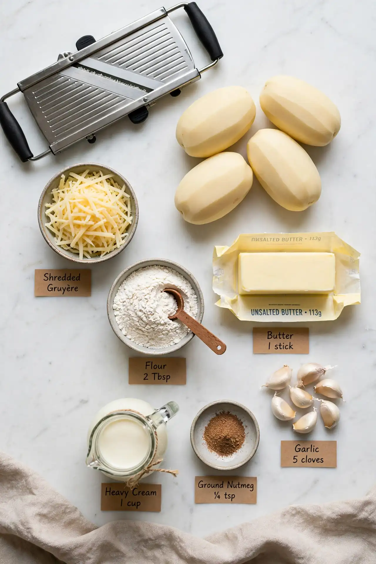 All ingredients for scalloped potatoes laid out on white marble including Russet potatoes, Gruyère, cream, butter, garlic, and nutmeg — scalloped potatoes ingredients