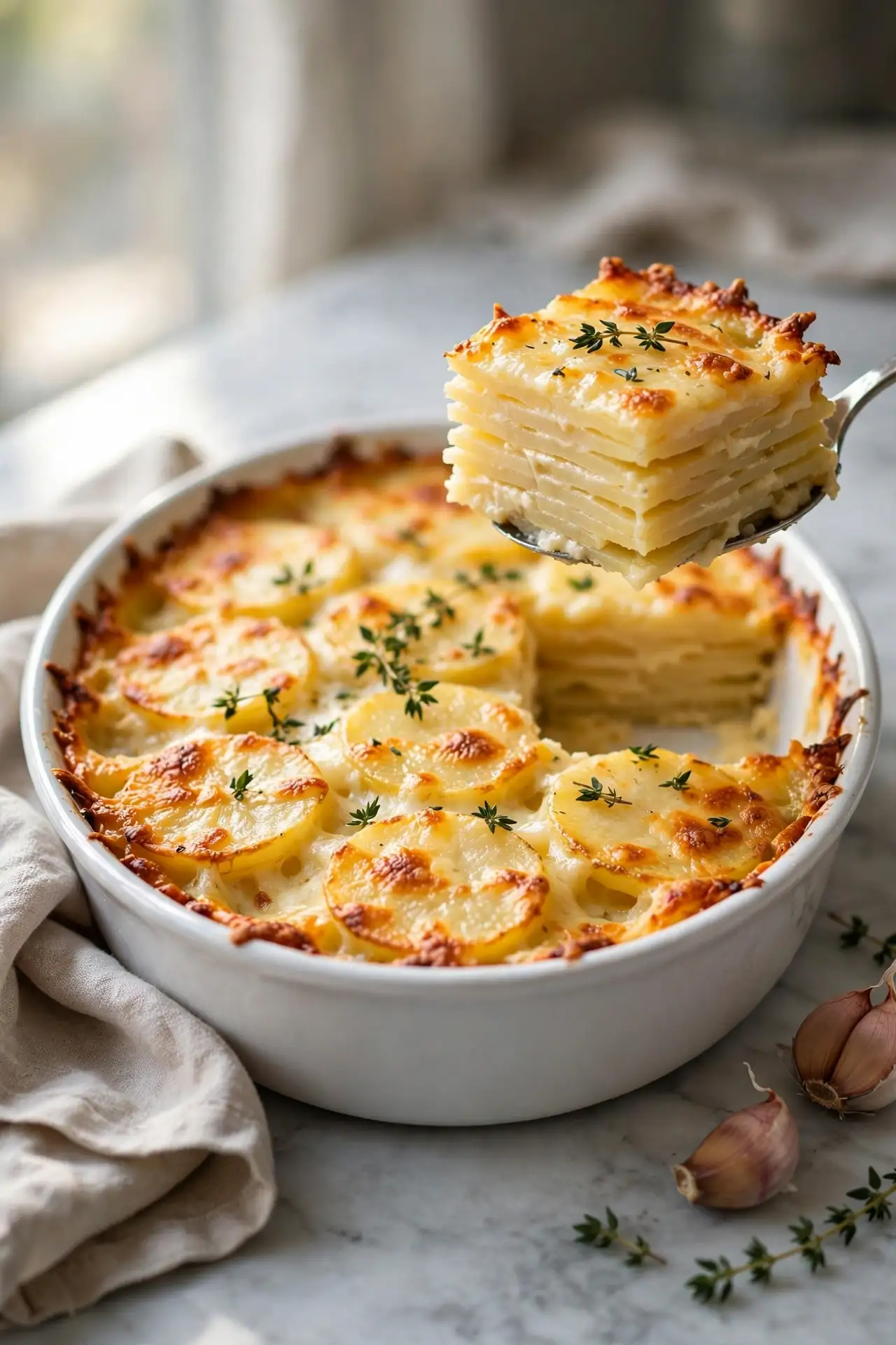 Scalloped potatoes in a white ceramic baking dish with golden-brown Gruyère crust, garnished with fresh thyme on a marble surface, natural light — scalloped potatoes recipe