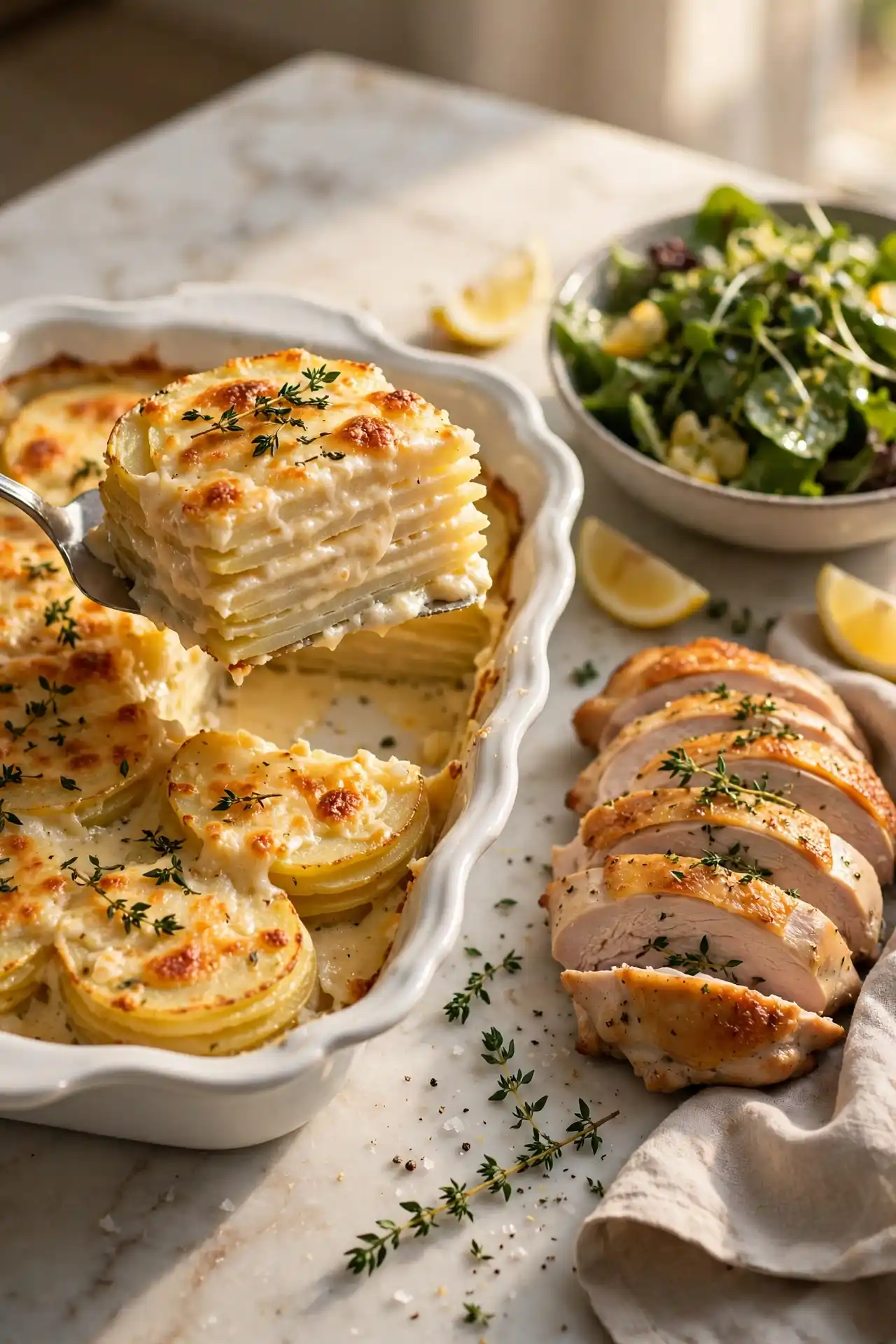 Scalloped potatoes plated with roast chicken and green salad on a marble table, ready to serve — scalloped potatoes