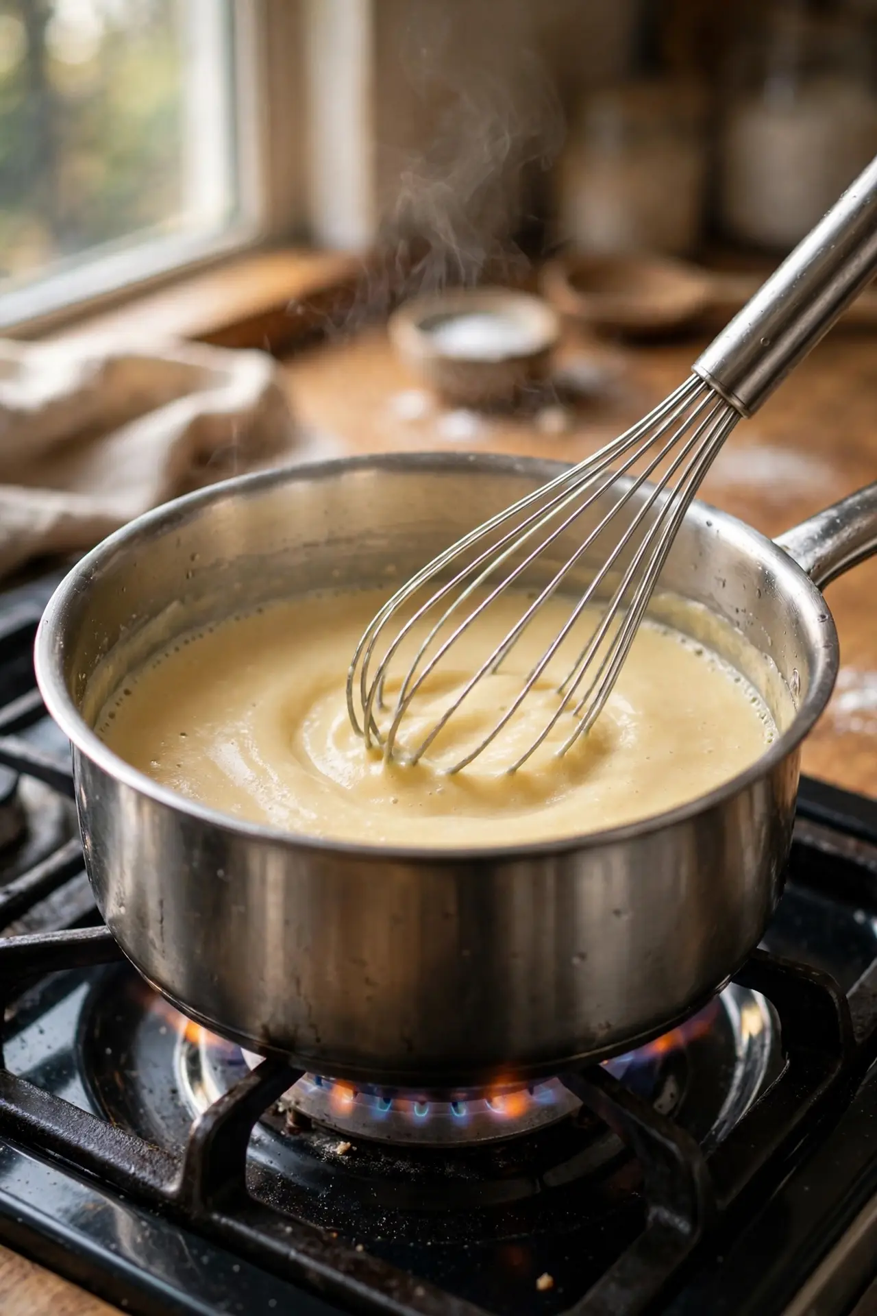 Butter and flour roux being whisked in a saucepan on the stove, early step in making scalloped potatoes
