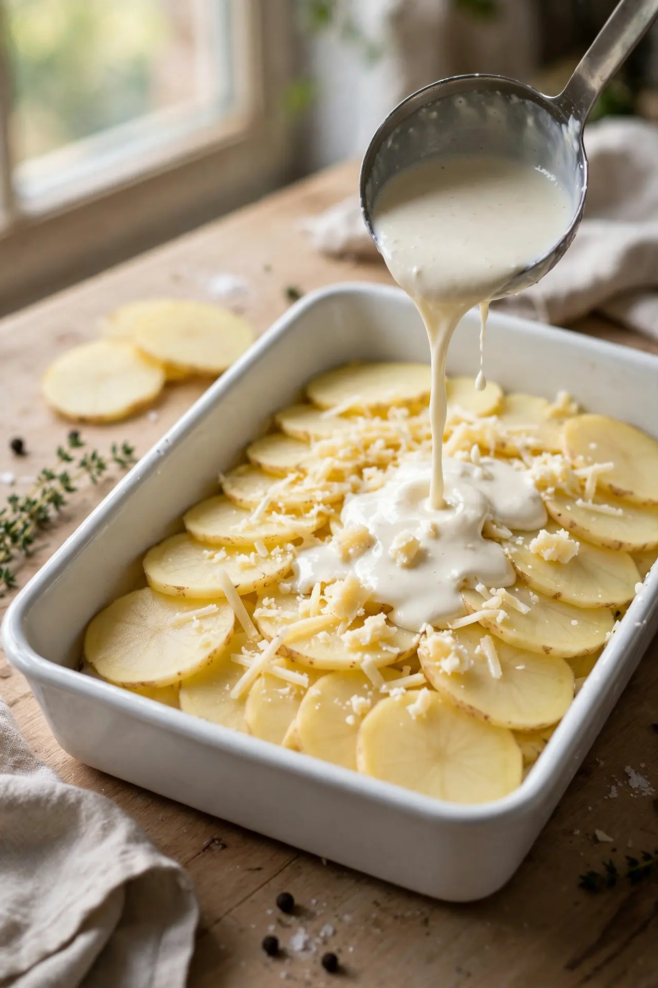 Cream sauce being poured over layered potato slices in a ceramic baking dish, mid-step in making scalloped potatoes