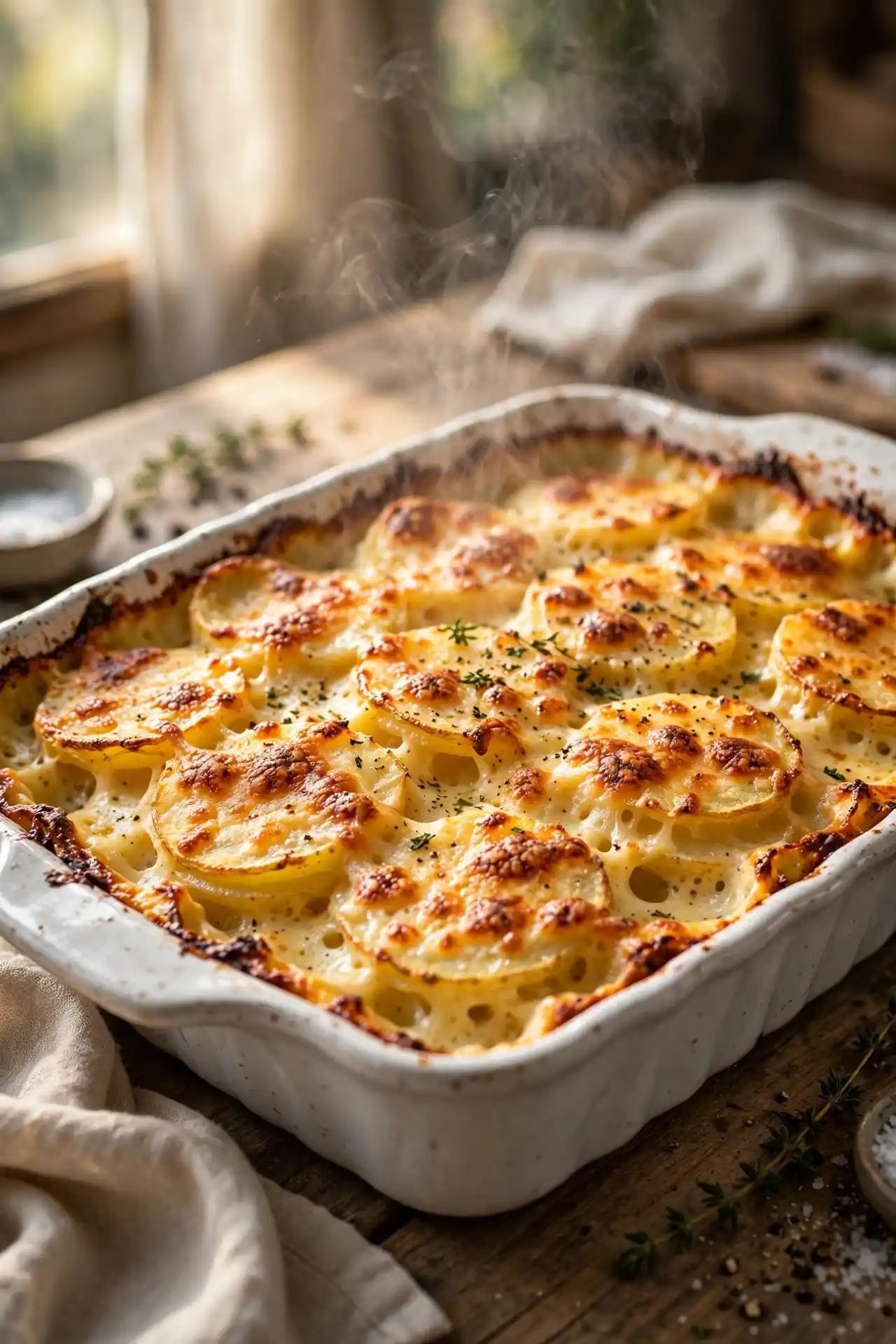 Golden-brown scalloped potatoes fresh out of the oven, cheese crust bubbling, in a white ceramic baking dish