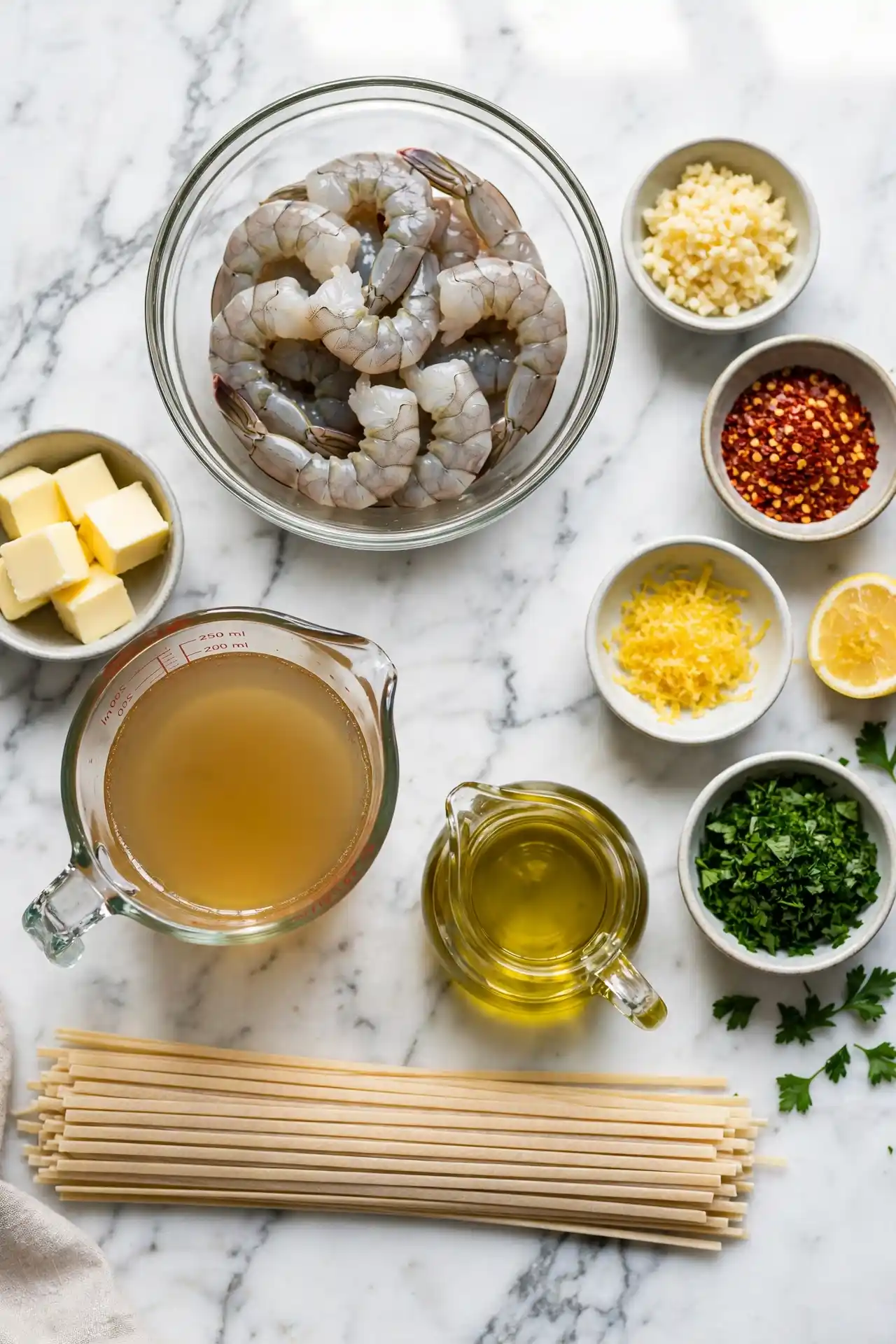 All ingredients for shrimp scampi laid out on white marble including raw shrimp, garlic, lemon, butter, linguine, and fresh parsley — shrimp scampi ingredients