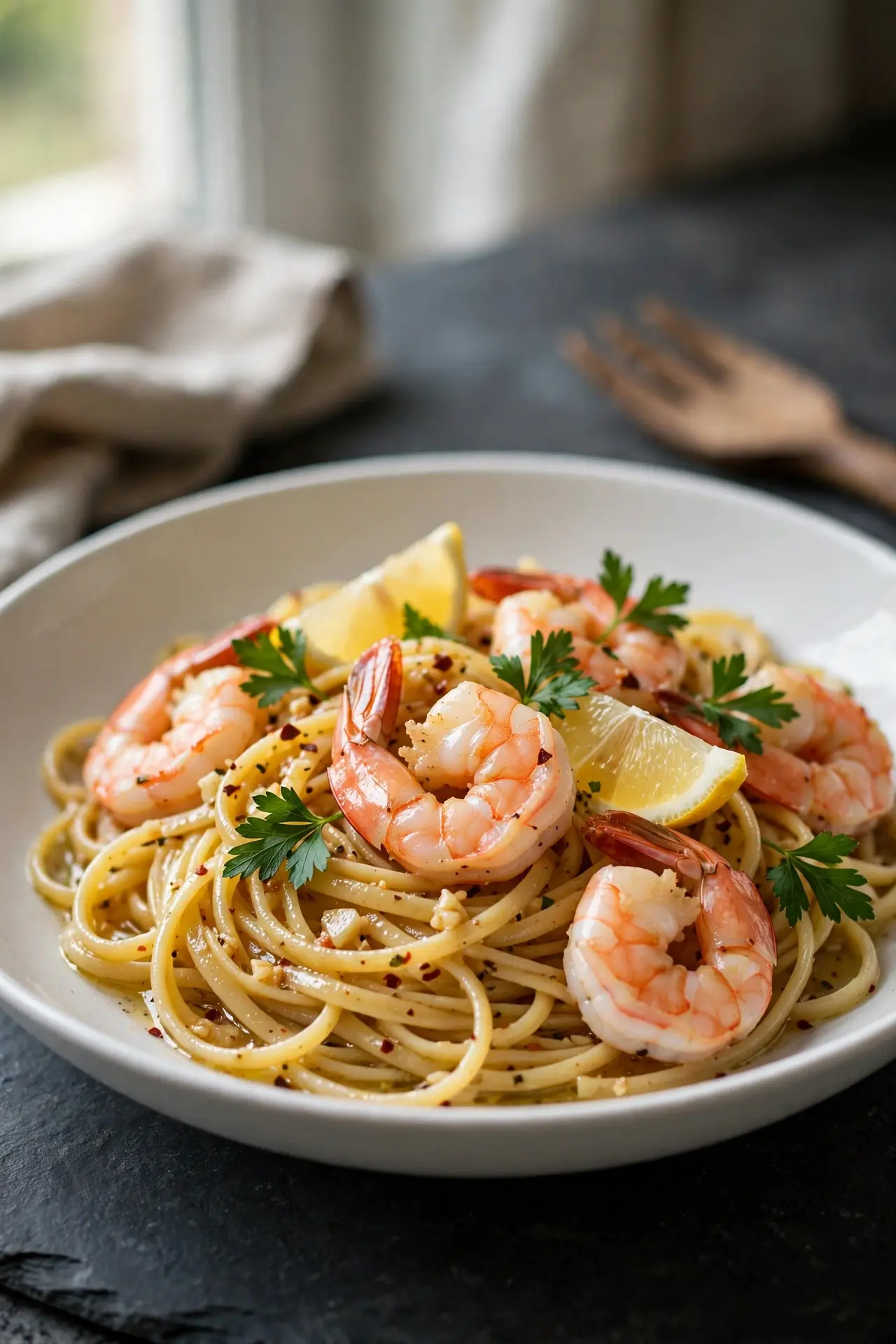 Shrimp scampi served in a white bowl on dark slate with linguine, garlic butter sauce, parsley, and lemon wedges — shrimp scampi