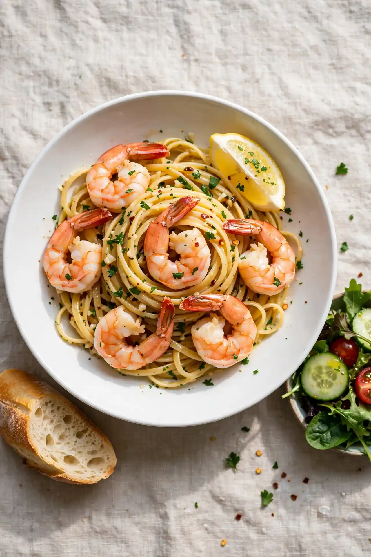 Shrimp scampi plated in a white bowl with linguine, served with crusty bread and salad — shrimp scampi