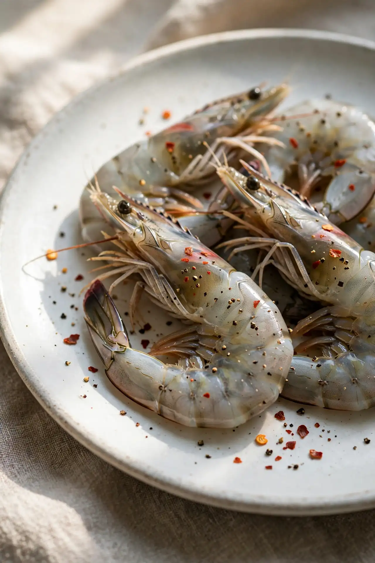 Seasoned raw shrimp on a white plate ready to cook — step in making shrimp scampi