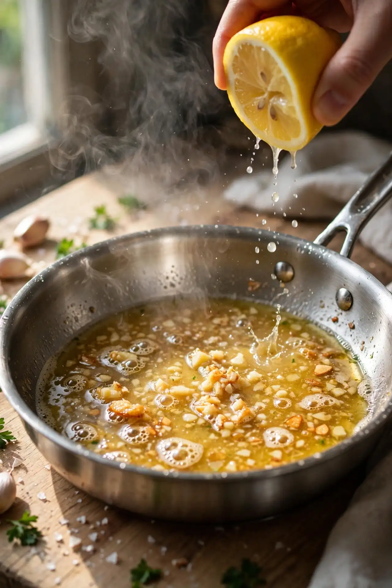 Garlic butter and lemon sauce simmering in a pan — key step in making shrimp scampi
