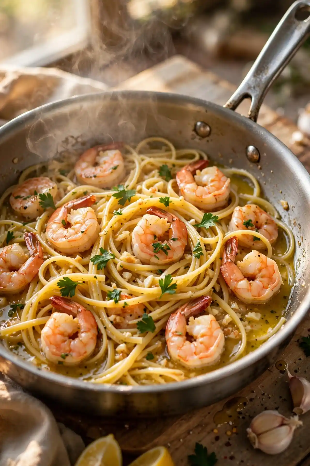 Finished shrimp scampi in a skillet with linguine, garlic butter sauce, and parsley — final step of the shrimp scampi recipe