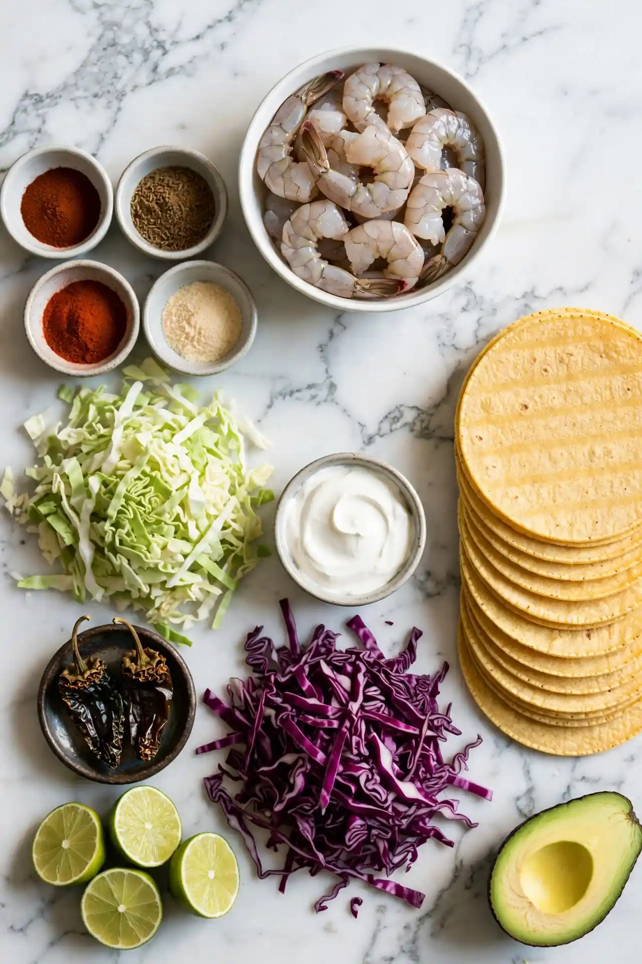 All ingredients for shrimp tacos laid out on white marble — shrimp tacos ingredients
