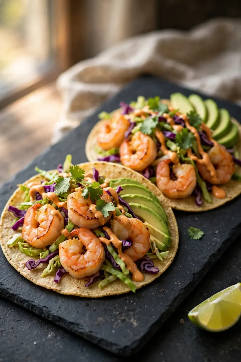 Shrimp Tacos with Crispy Slaw and Chipotle Crema