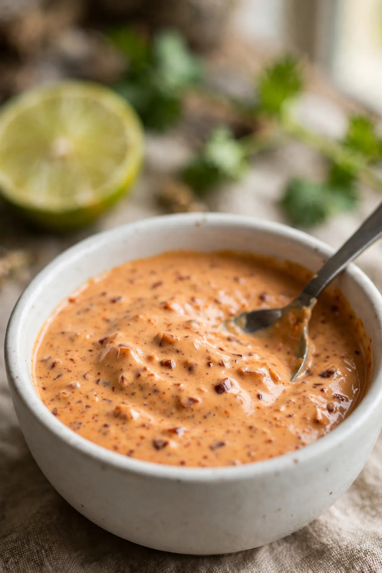 Chipotle crema being stirred in a ceramic bowl — sauce step in making shrimp tacos
