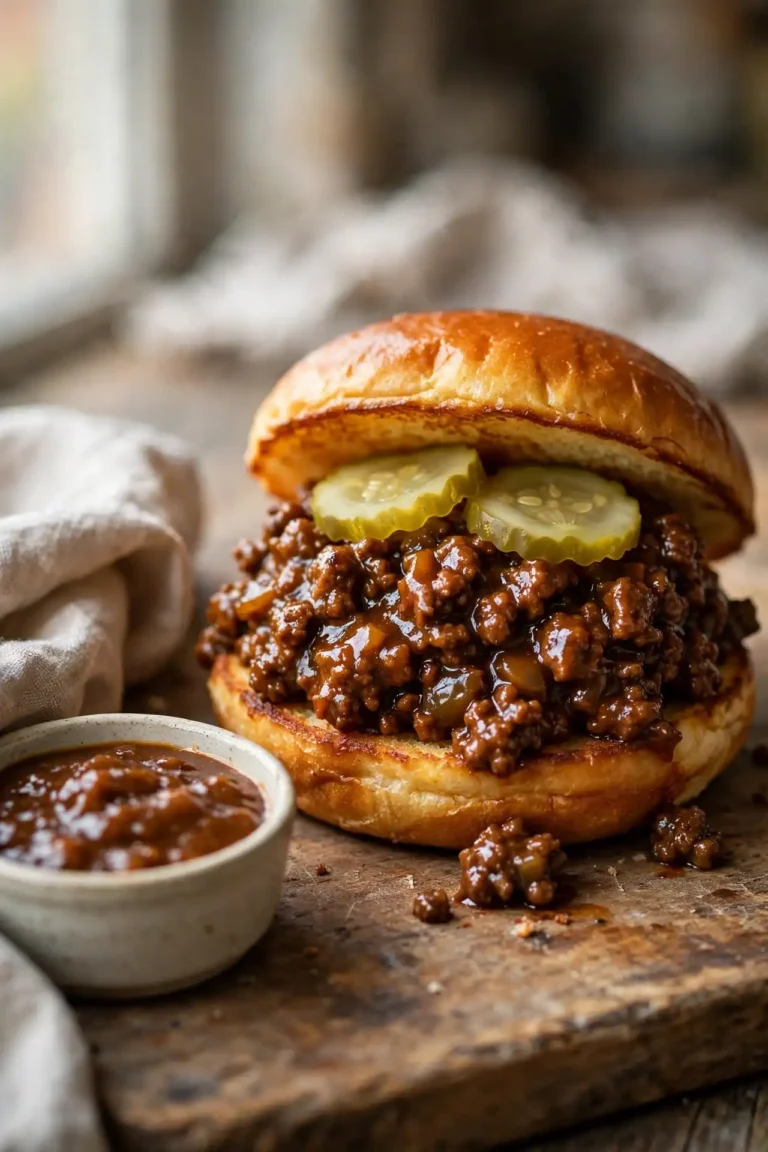 Homemade sloppy joe on a toasted brioche bun on a wooden board, garnished with pickles and a ramekin of sauce, natural light — sloppy joe recipe