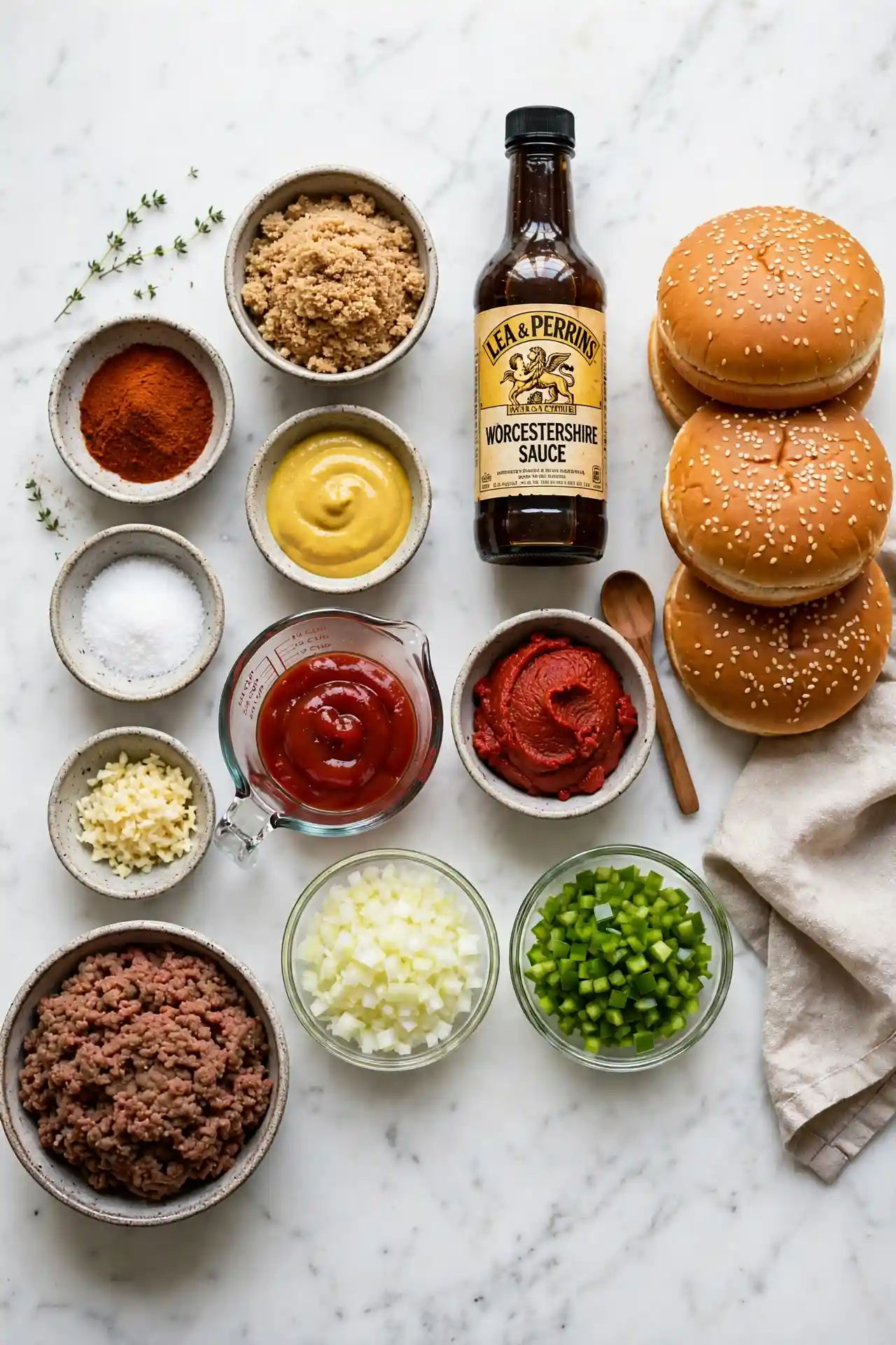 All ingredients for sloppy joe recipe laid out on white marble including ground beef, diced vegetables, ketchup, tomato paste, and spices — sloppy joe recipe ingredients