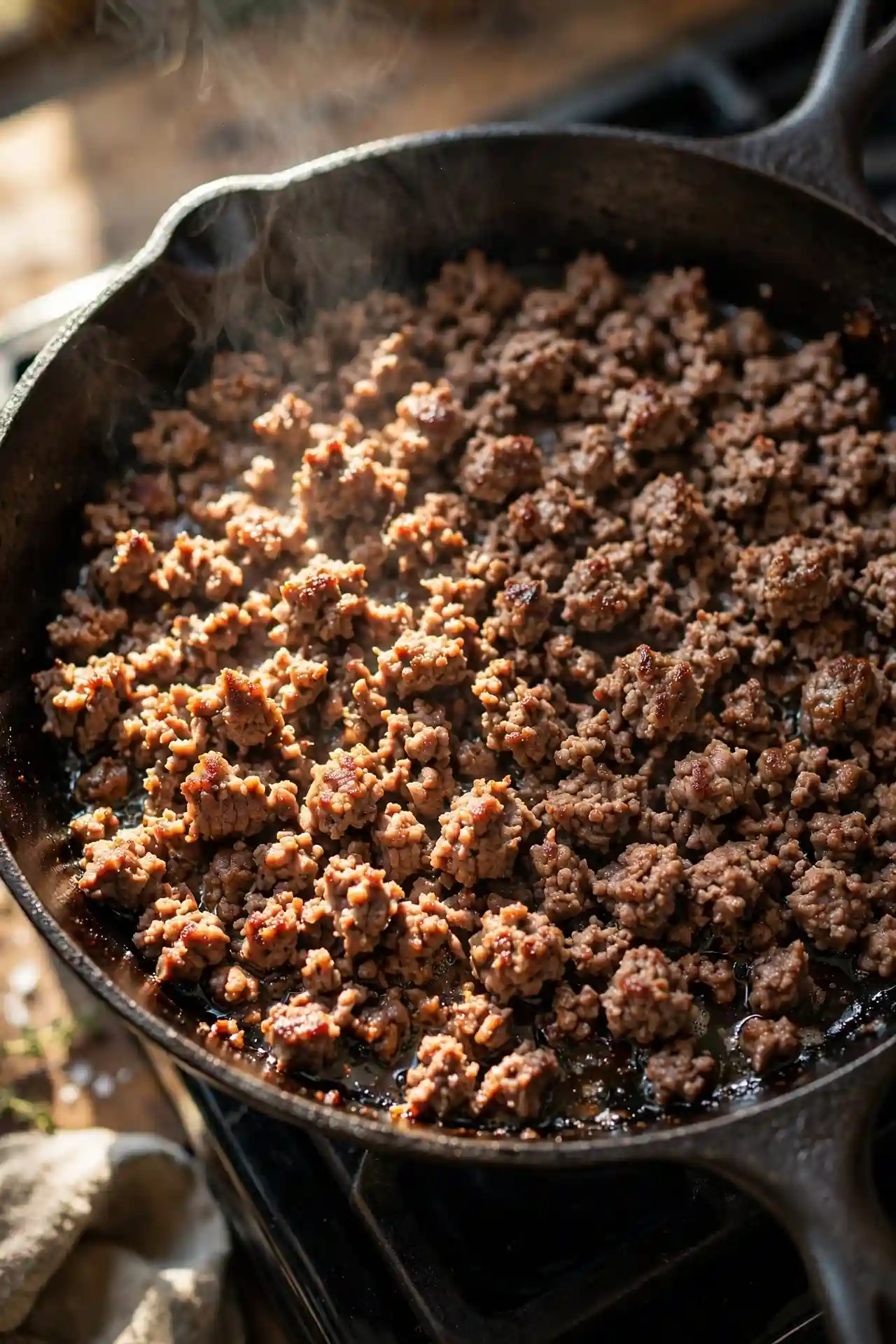 Ground beef browning in crumbles in a cast iron skillet with caramelized edges visible — step in making sloppy joe recipe