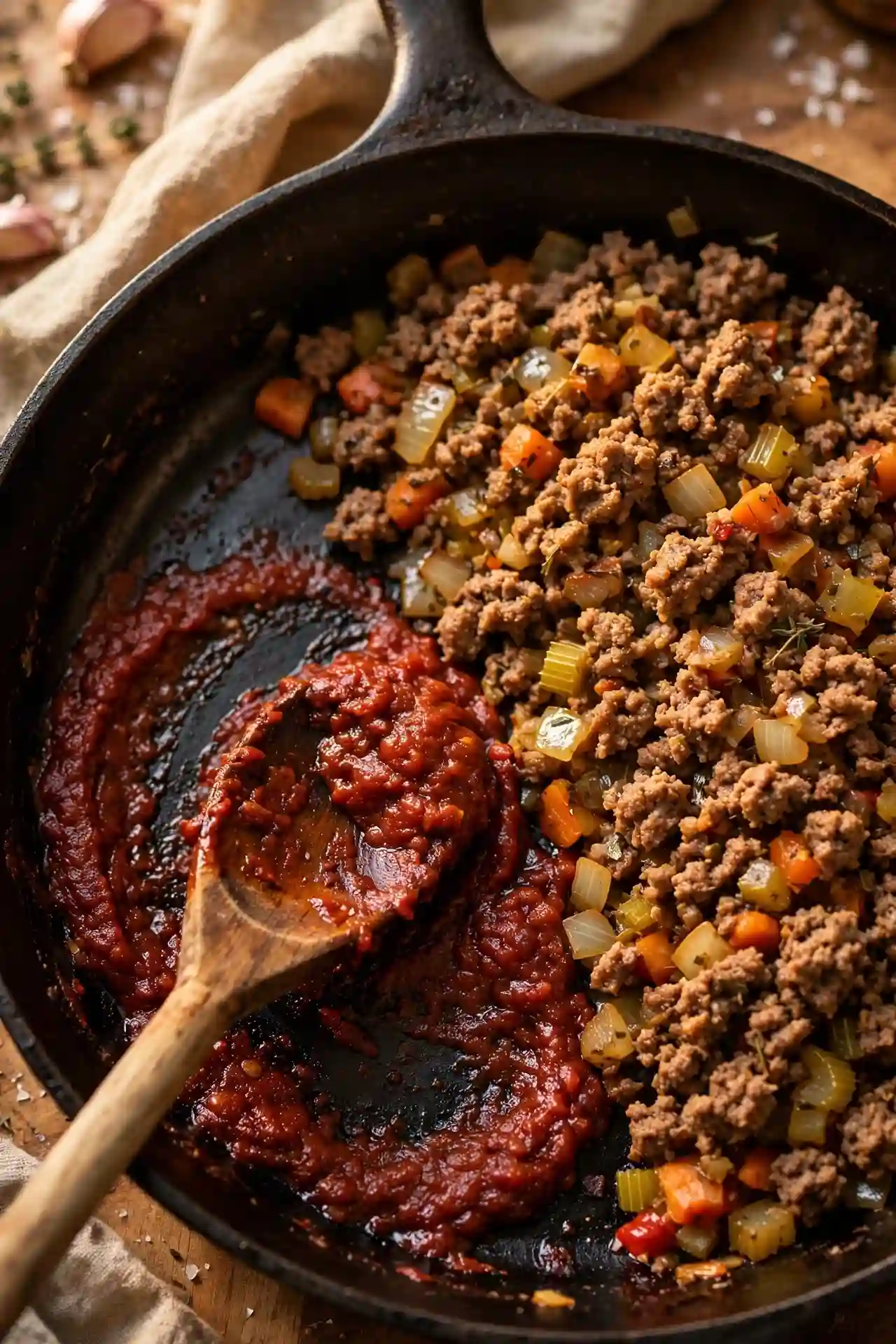Tomato paste cooking to a brick-red color in a skillet alongside browned beef and vegetables — step in making sloppy joe recipe