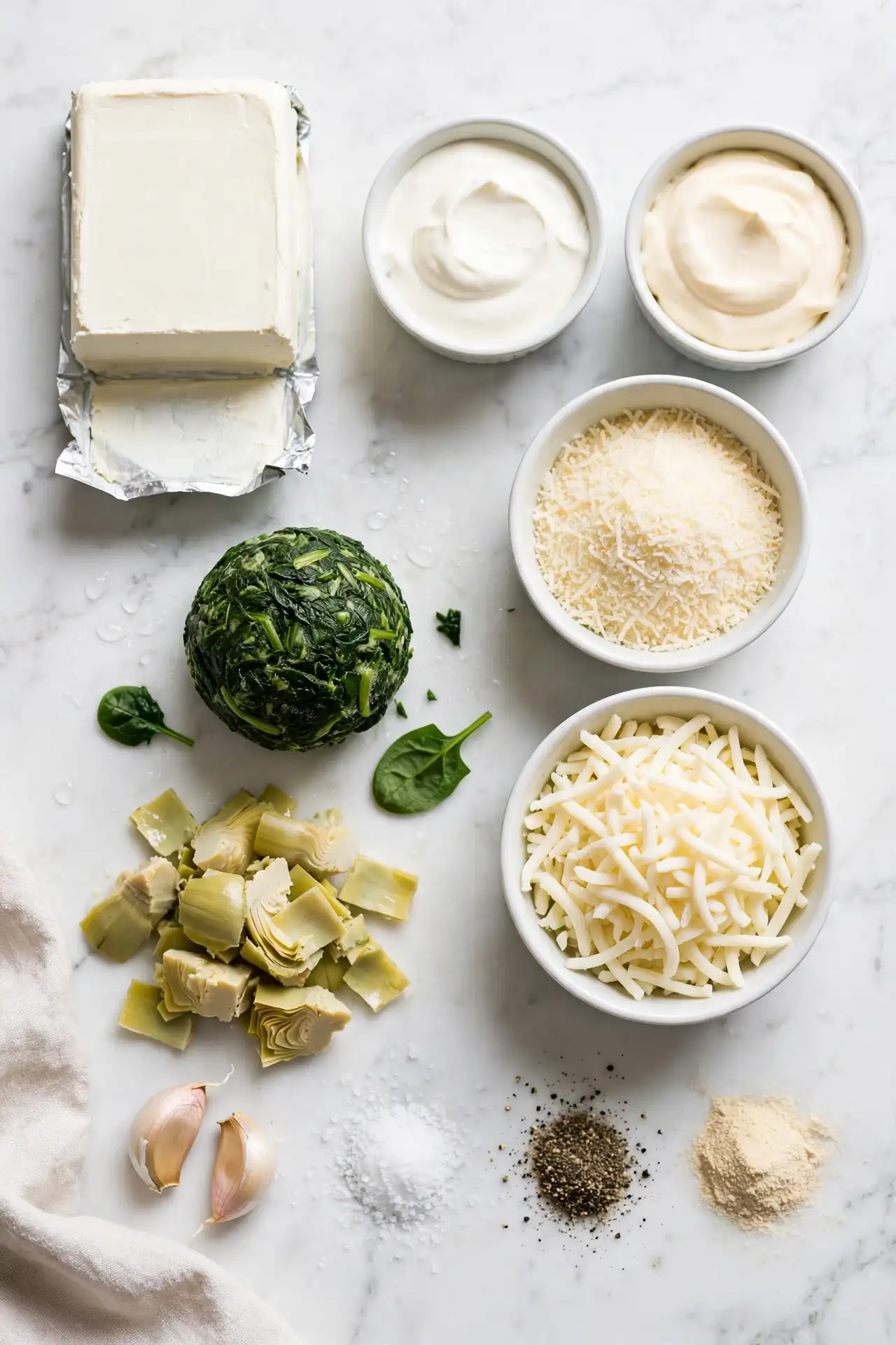 All ingredients for spinach artichoke dip laid out on white marble including cream cheese, frozen spinach, artichoke hearts, and three cheeses — spinach artichoke dip ingredients