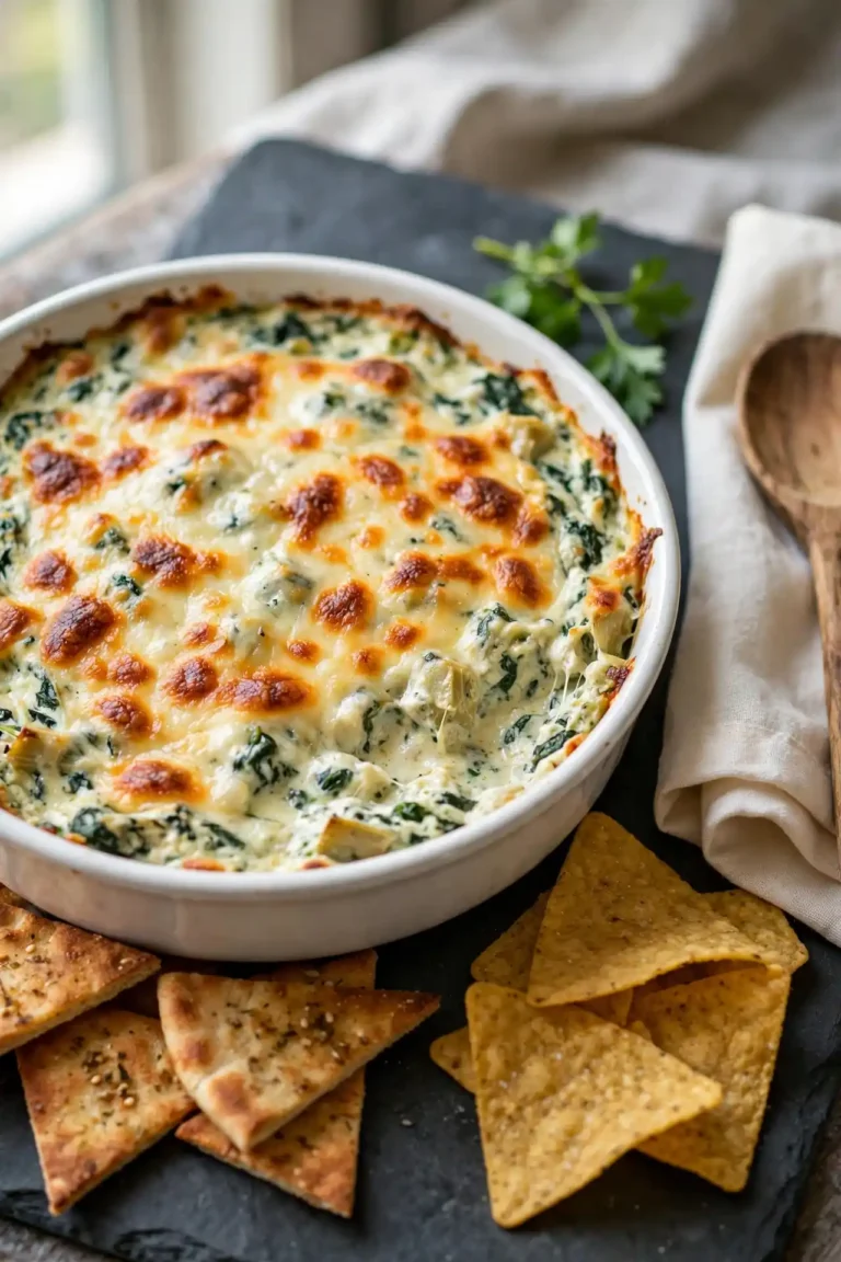 Creamy baked spinach artichoke dip in a white ceramic dish on slate with a bubbling golden cheese top, surrounded by pita and tortilla chips — spinach artichoke dip