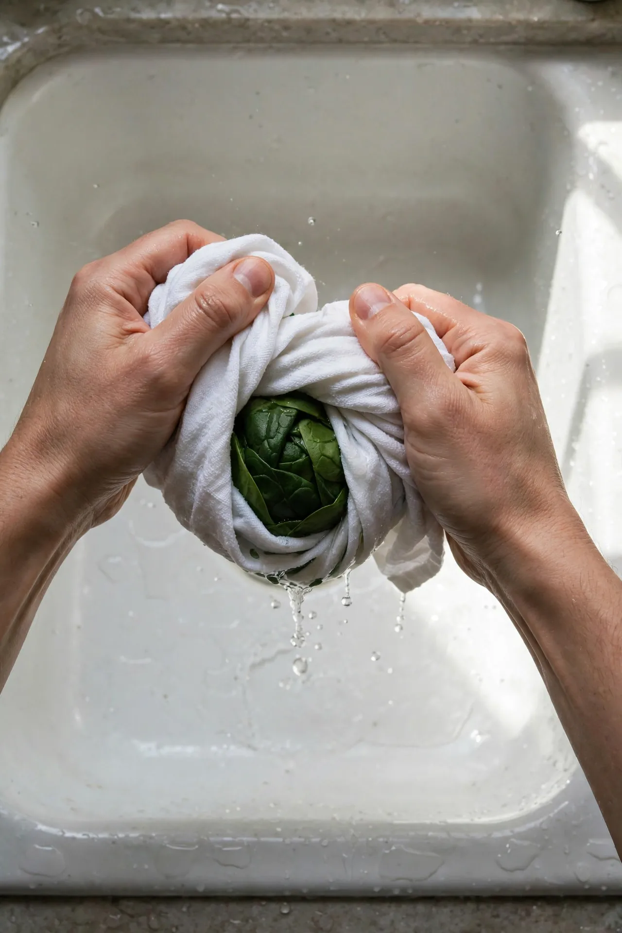 Hands squeezing thawed frozen spinach in a kitchen towel over the sink — key step in making spinach artichoke dip