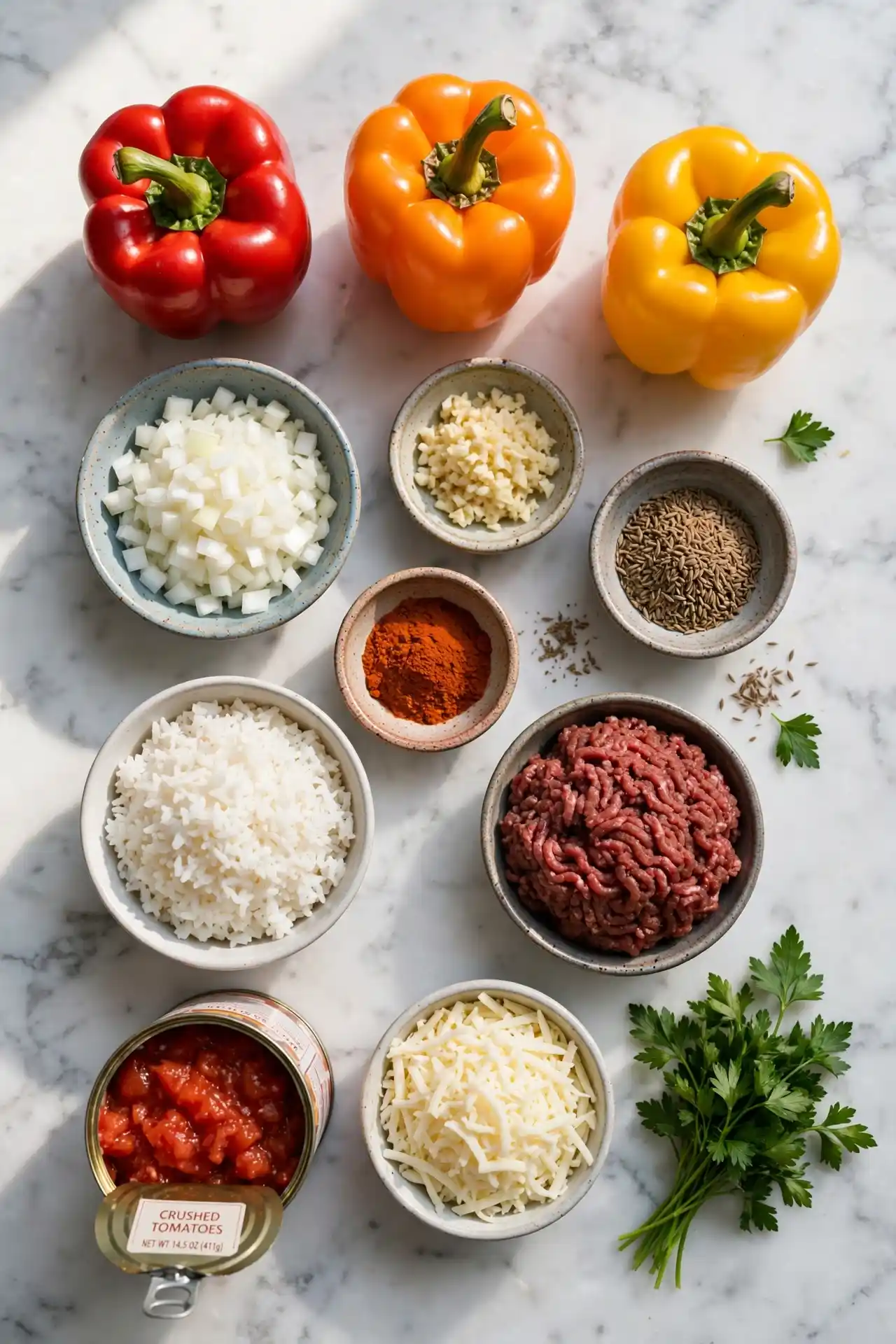 All ingredients for stuffed bell peppers laid out flat on white marble — stuffed bell peppers ingredients