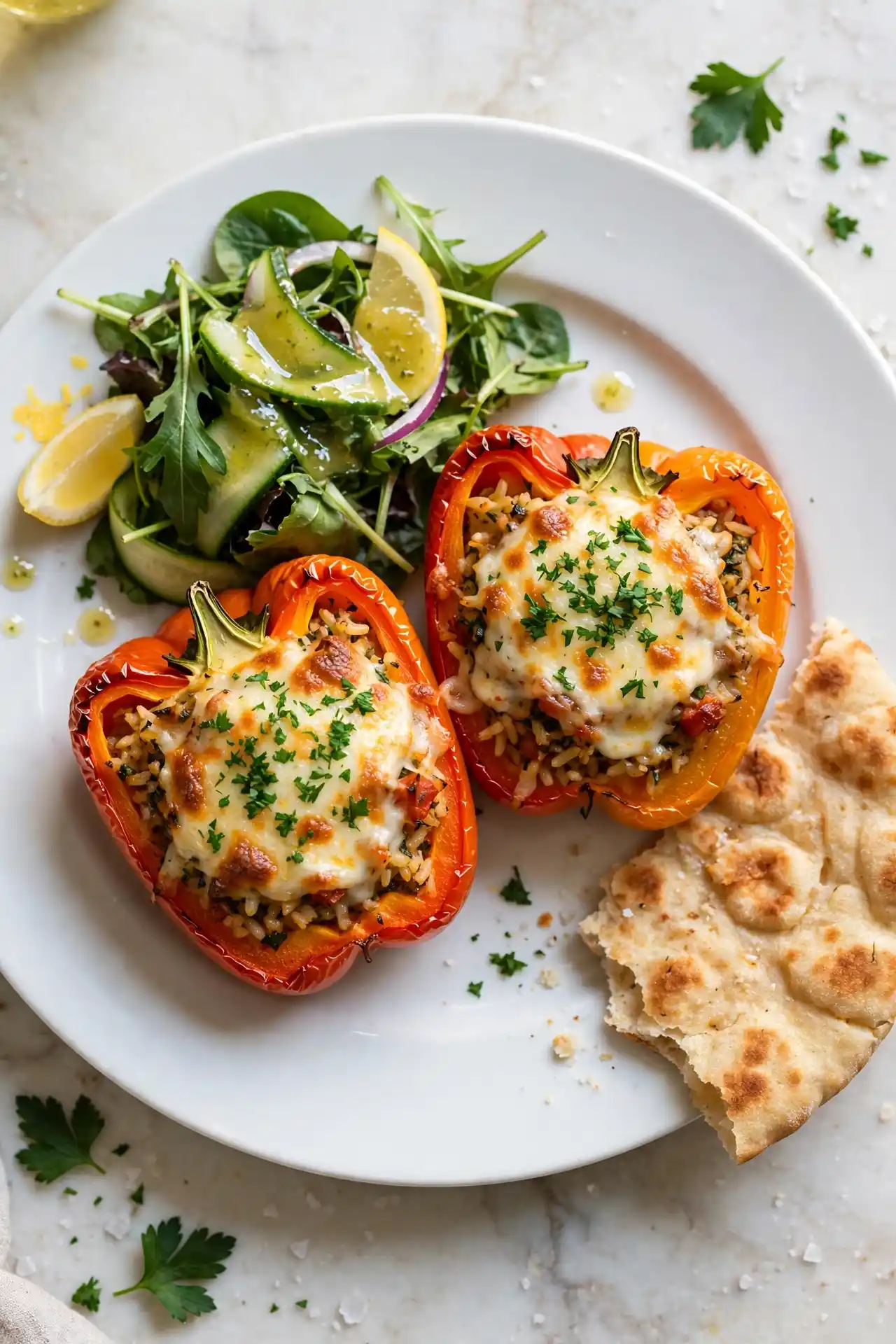Stuffed bell peppers plated with green salad and flatbread on white plate, ready to serve — stuffed bell peppers recipe