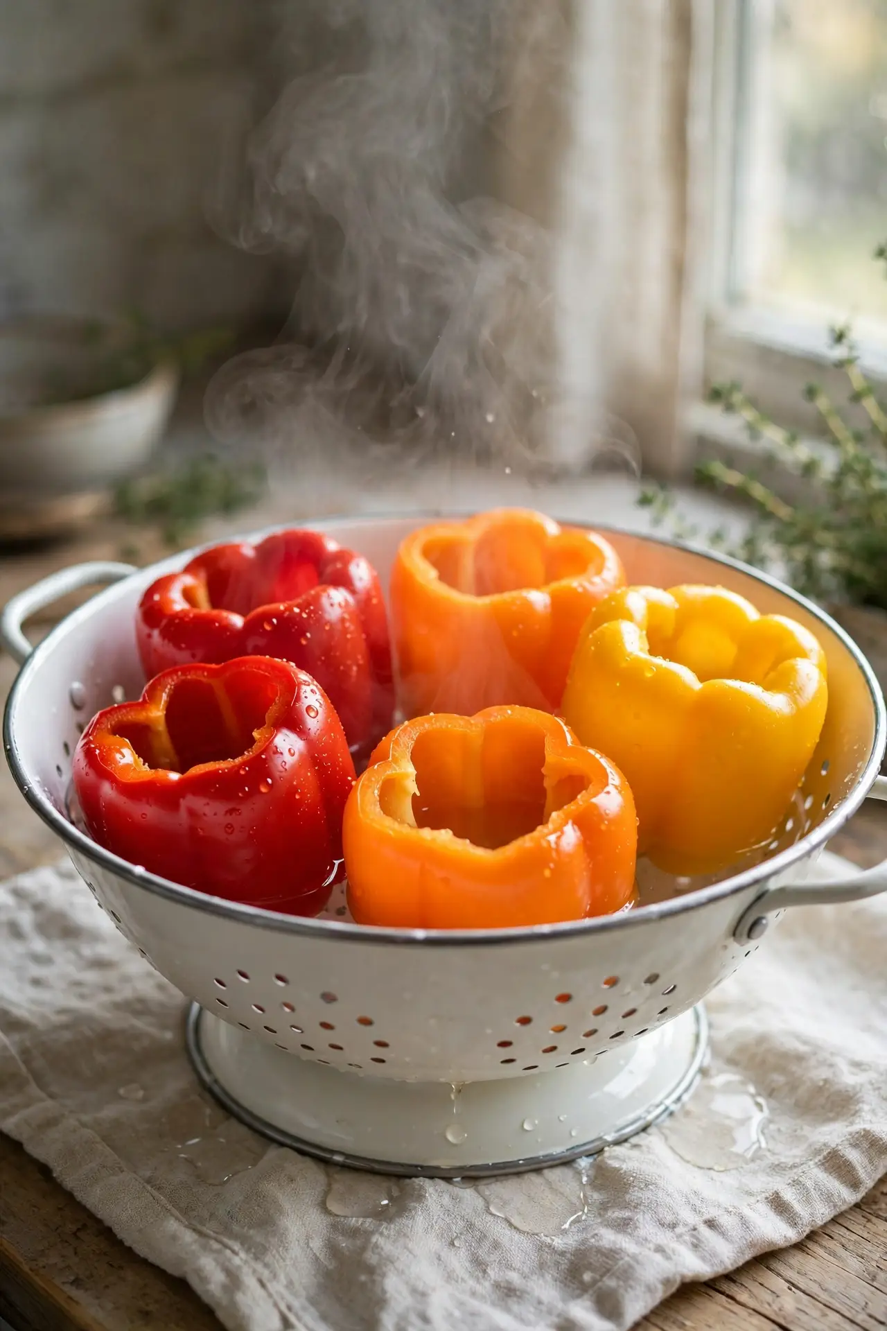 Bell peppers draining after blanching, cut-side down in a colander — step in making stuffed bell peppers recipe