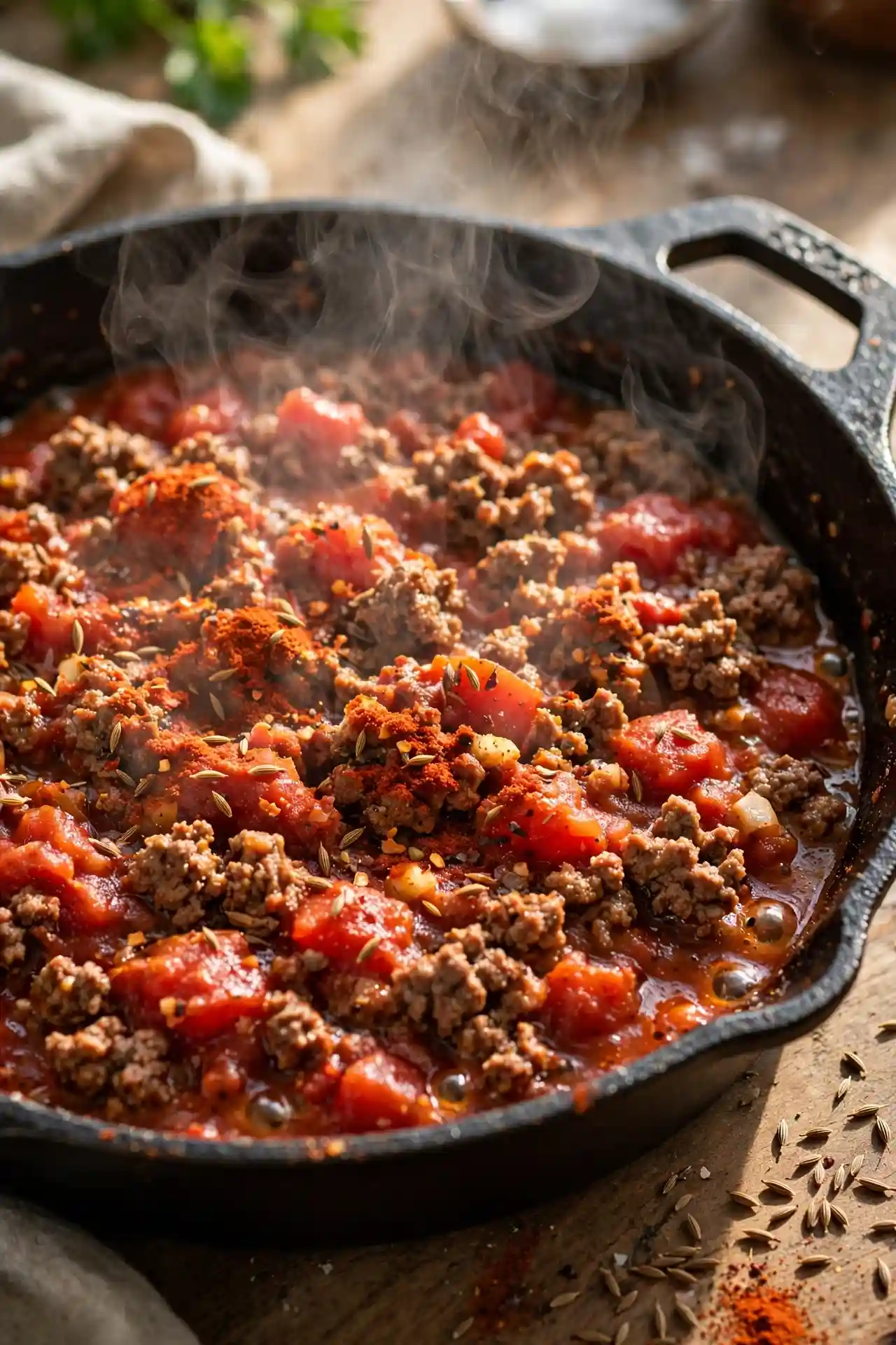 Seasoned ground beef and tomato filling cooking in a skillet — midpoint step in making stuffed bell peppers recipe