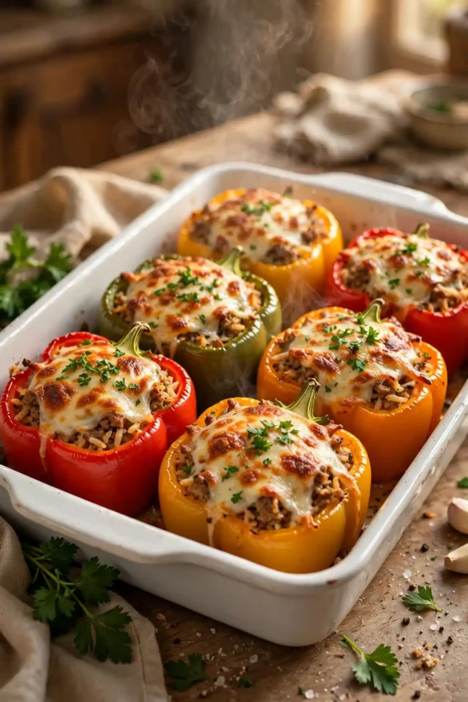 Freshly baked stuffed bell peppers in a white dish with golden melted cheese on top — final step in stuffed bell peppers recipe