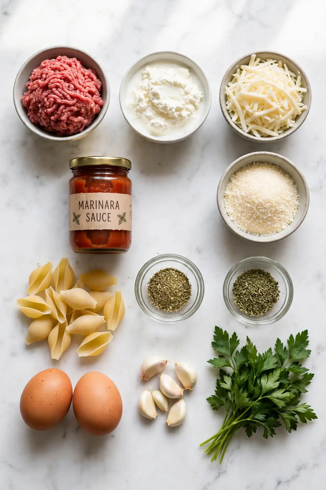 All ingredients for stuffed shells laid out flat on white marble, including ricotta, ground beef, pasta shells, and marinara sauce — stuffed shells recipe ingredients