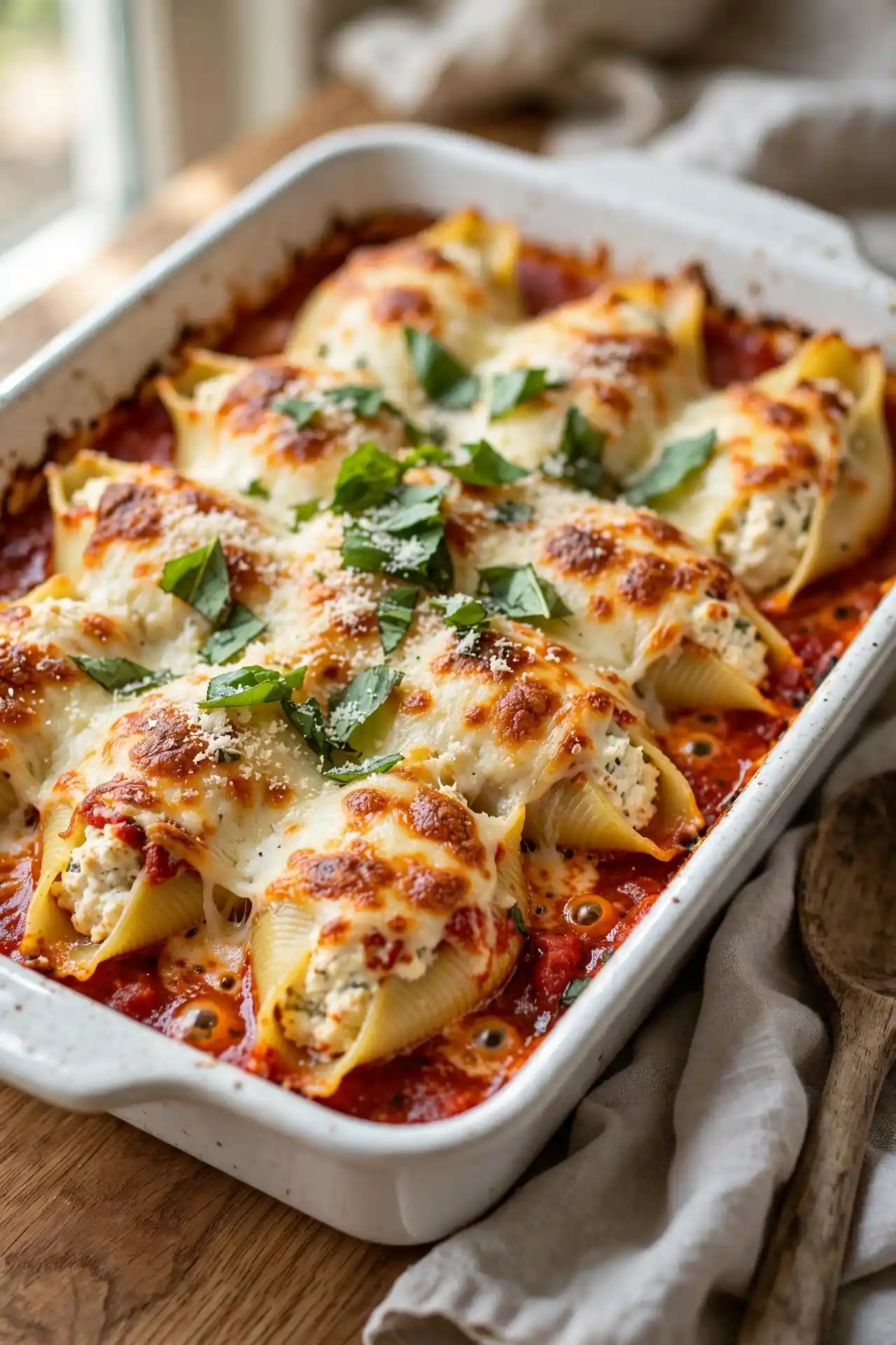 Stuffed shells baked in a white ceramic dish with golden melted mozzarella and marinara sauce, garnished with fresh basil — stuffed shells recipe