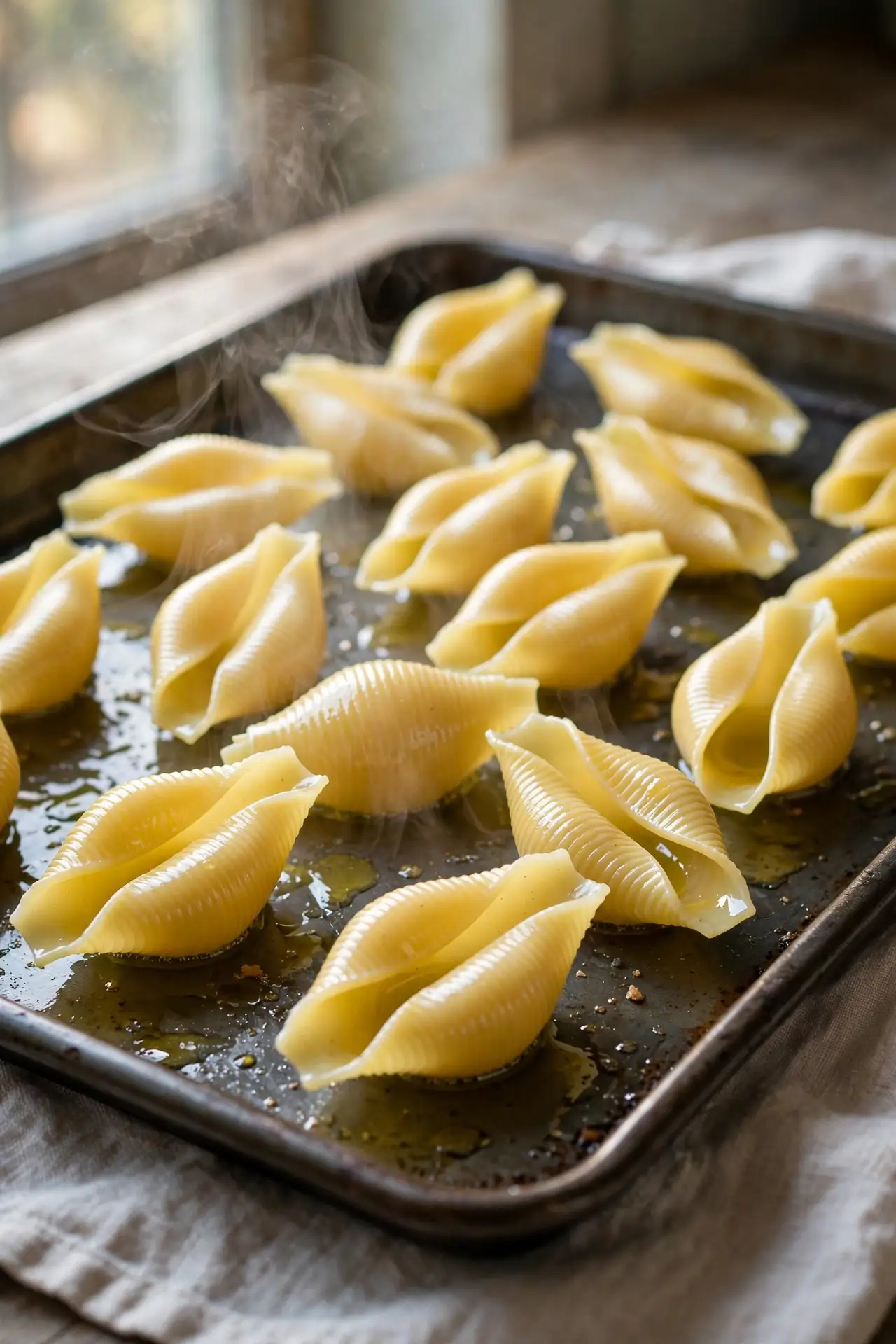 Drained jumbo pasta shells cooling flat on an oiled baking sheet — step in making stuffed shells