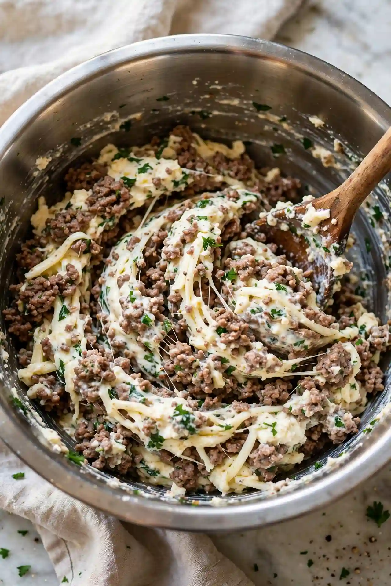 Ricotta and ground beef filling being mixed in a large bowl — step in making stuffed shells