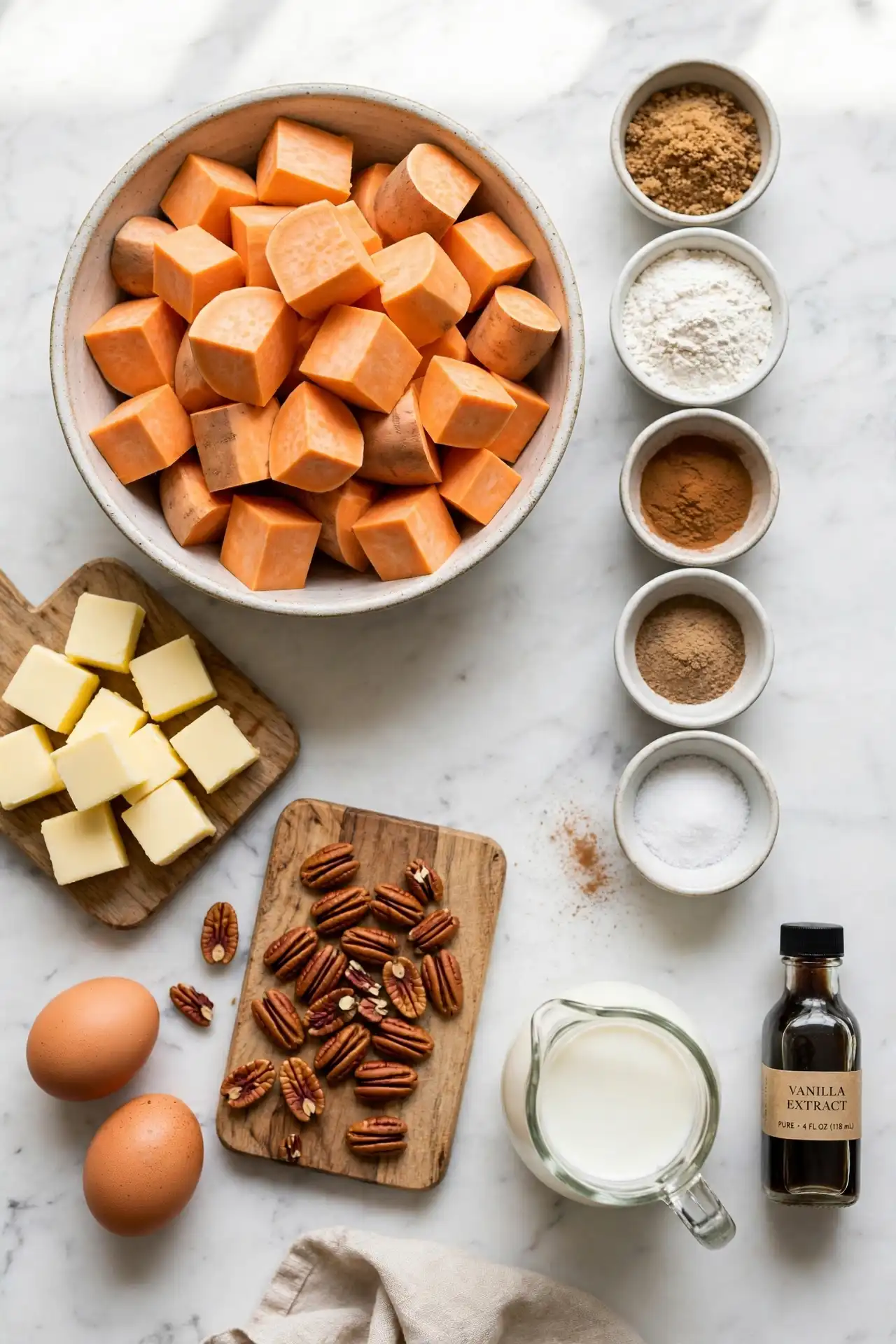 All ingredients for sweet potato casserole arranged flat on white marble, including sweet potato chunks, pecans, cold butter cubes, brown sugar, eggs, and spices — sweet potato casserole ingredients
