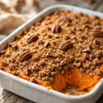 Sweet potato casserole in a white ceramic baking dish with golden-brown pecan streusel topping, one scooped portion showing silky orange filling, natural window light — sweet potato casserole