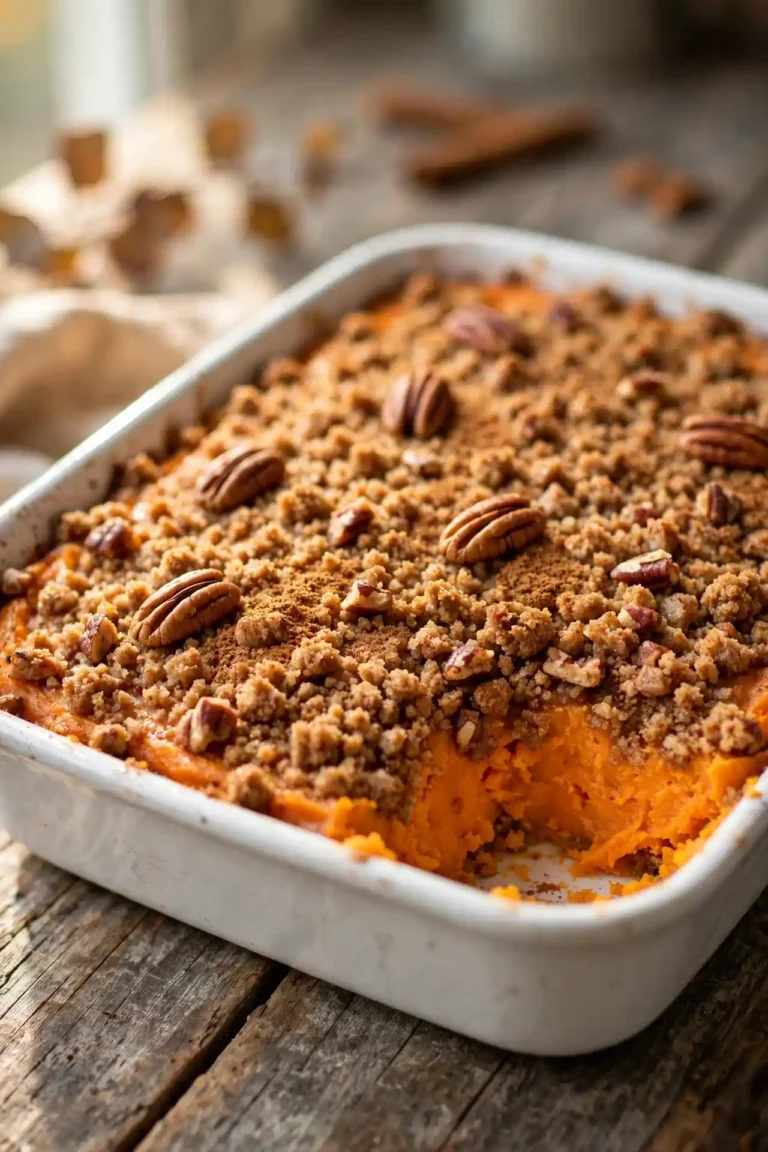 Sweet potato casserole in a white ceramic baking dish with golden-brown pecan streusel topping, one scooped portion showing silky orange filling, natural window light — sweet potato casserole