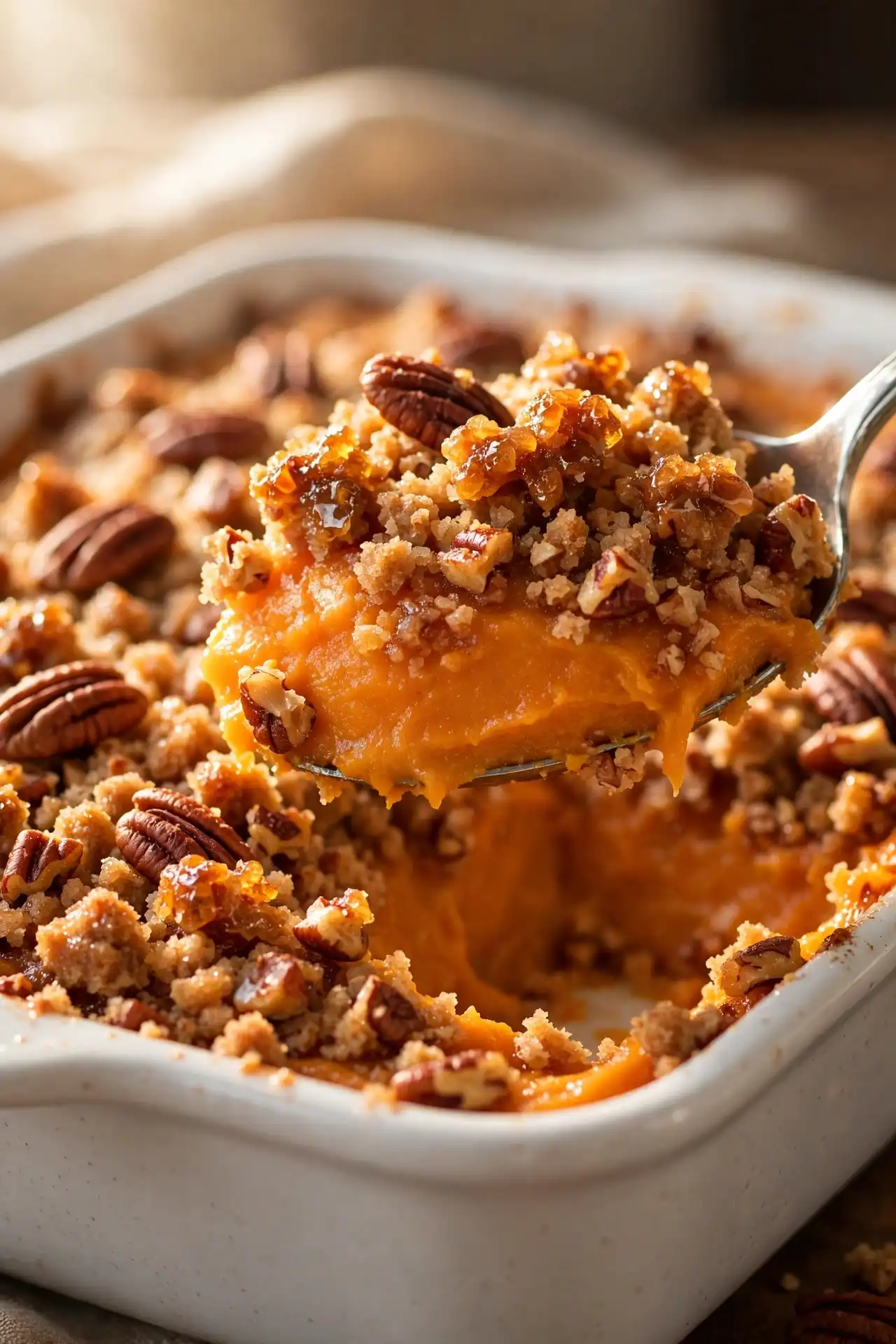 Close-up of sweet potato casserole showing crunchy golden pecan streusel and silky orange filling on a serving spoon — sweet potato casserole