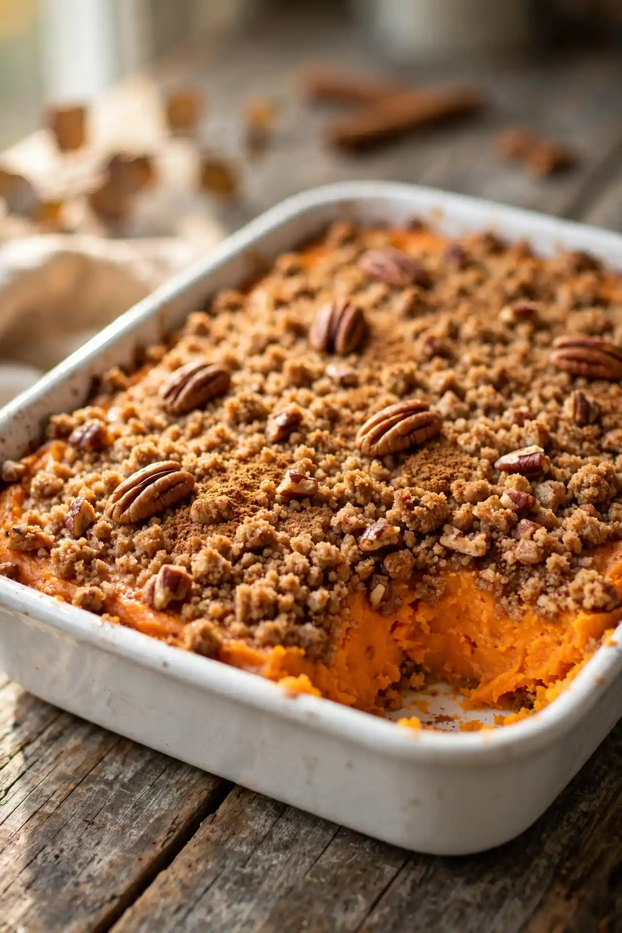 Sweet potato casserole in a white ceramic baking dish with golden-brown pecan streusel topping, one scooped portion showing silky orange filling, natural window light — sweet potato casserole