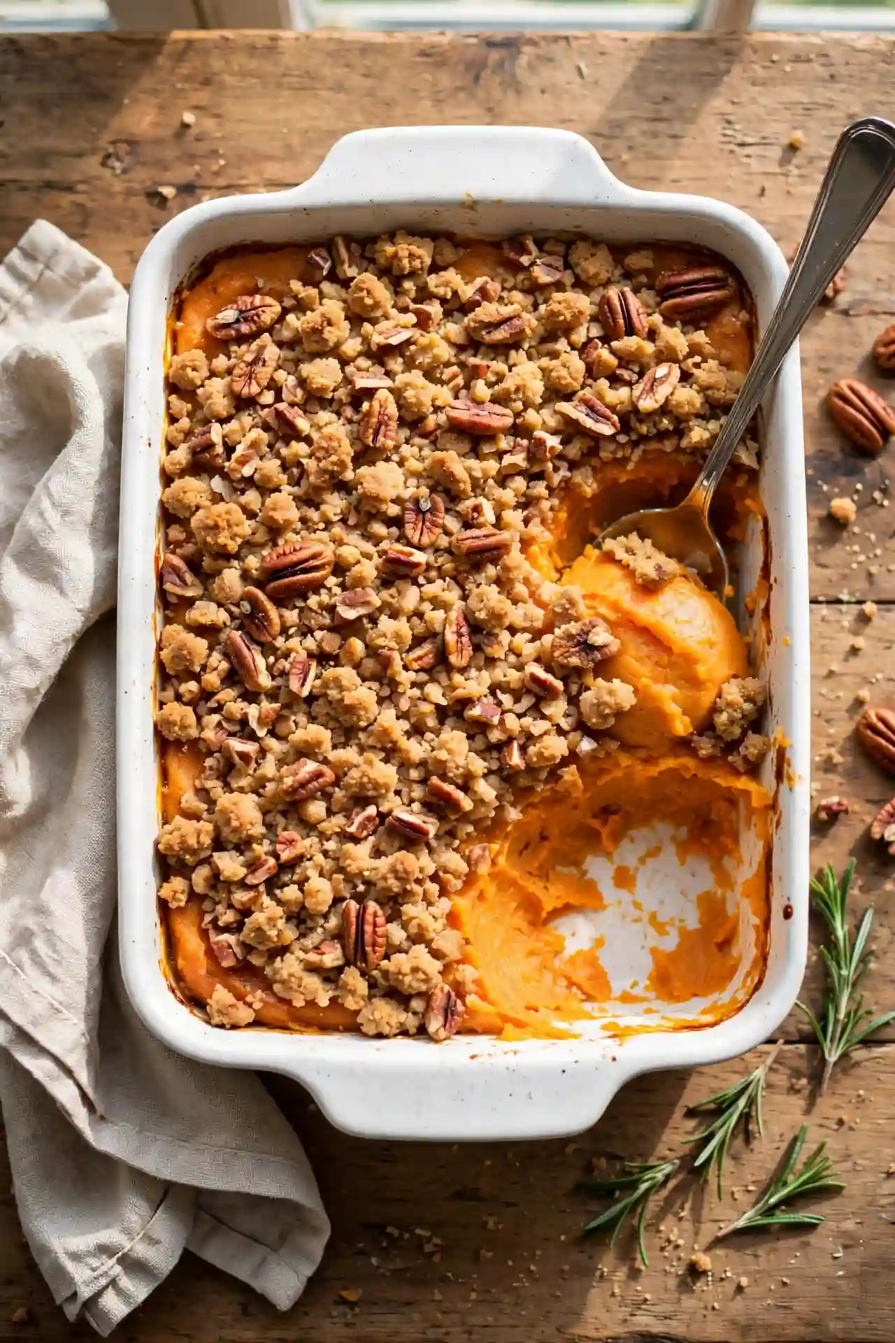 Sweet potato casserole in a white baking dish with one scooped portion showing silky orange filling under pecan streusel, serving spoon resting in the dish — sweet potato casserole ready to serve