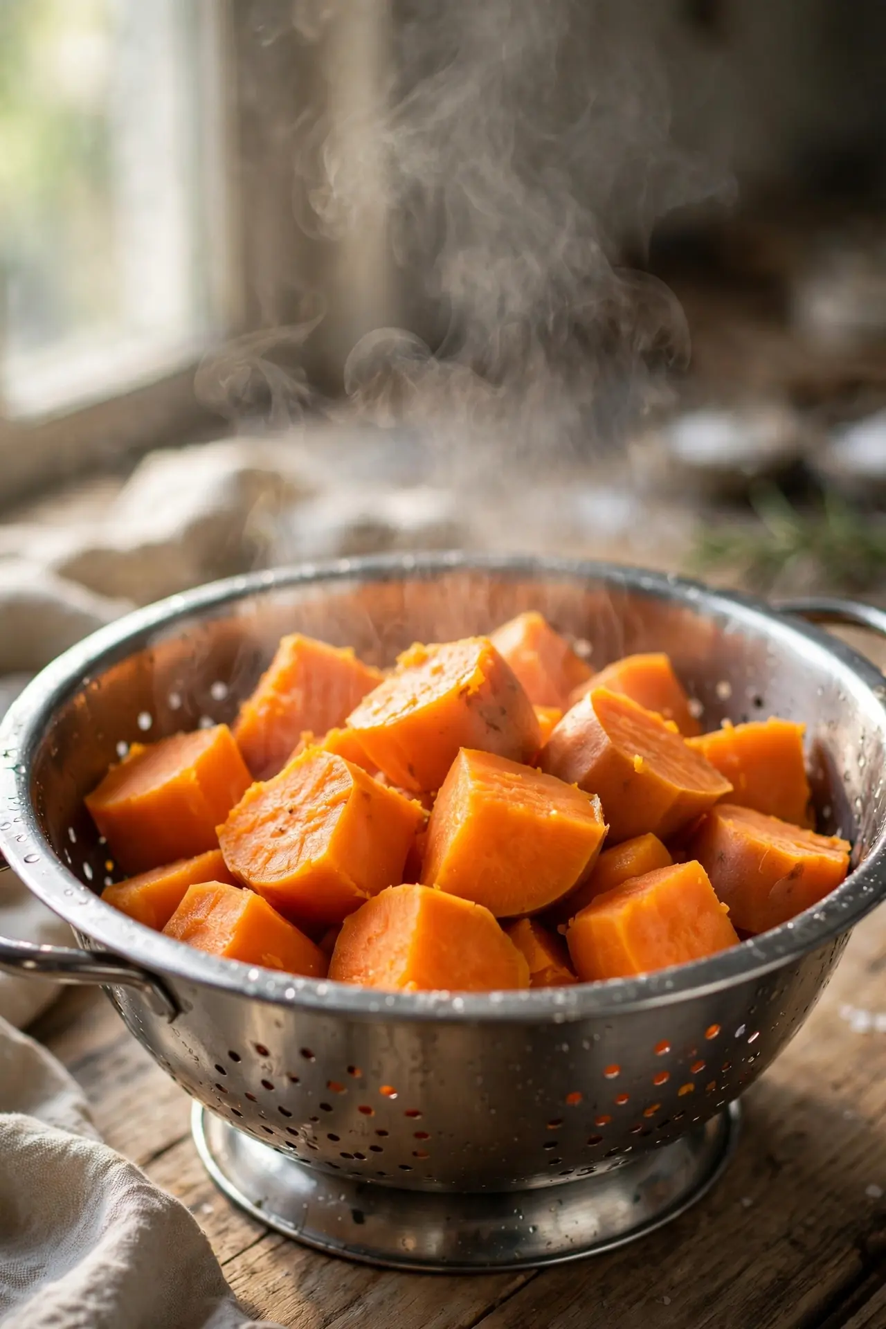 Boiled sweet potato chunks draining in a colander with steam rising — early step in making sweet potato casserole