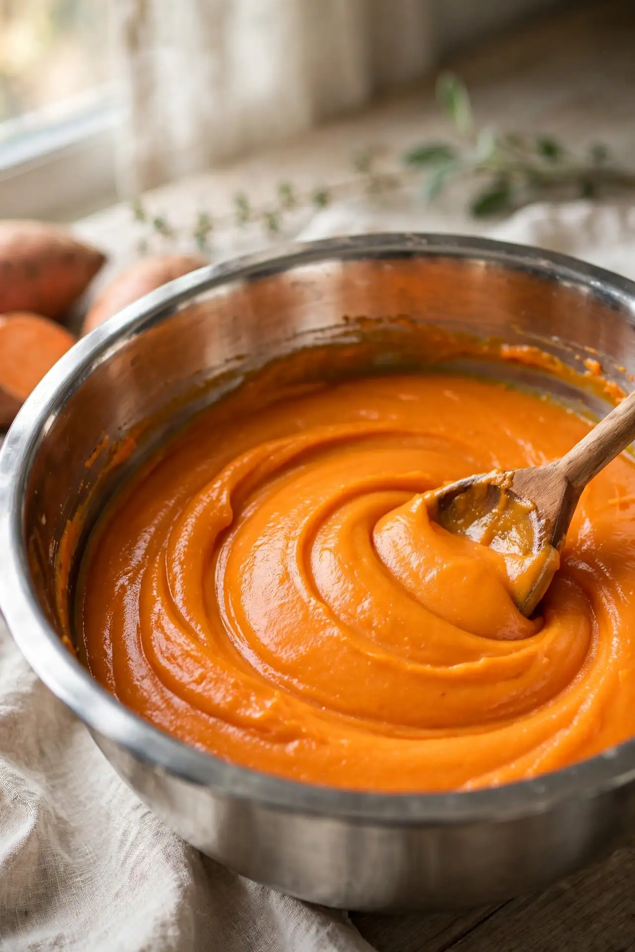 Smooth sweet potato filling being mixed in a bowl with a wooden spoon — step in making sweet potato casserole