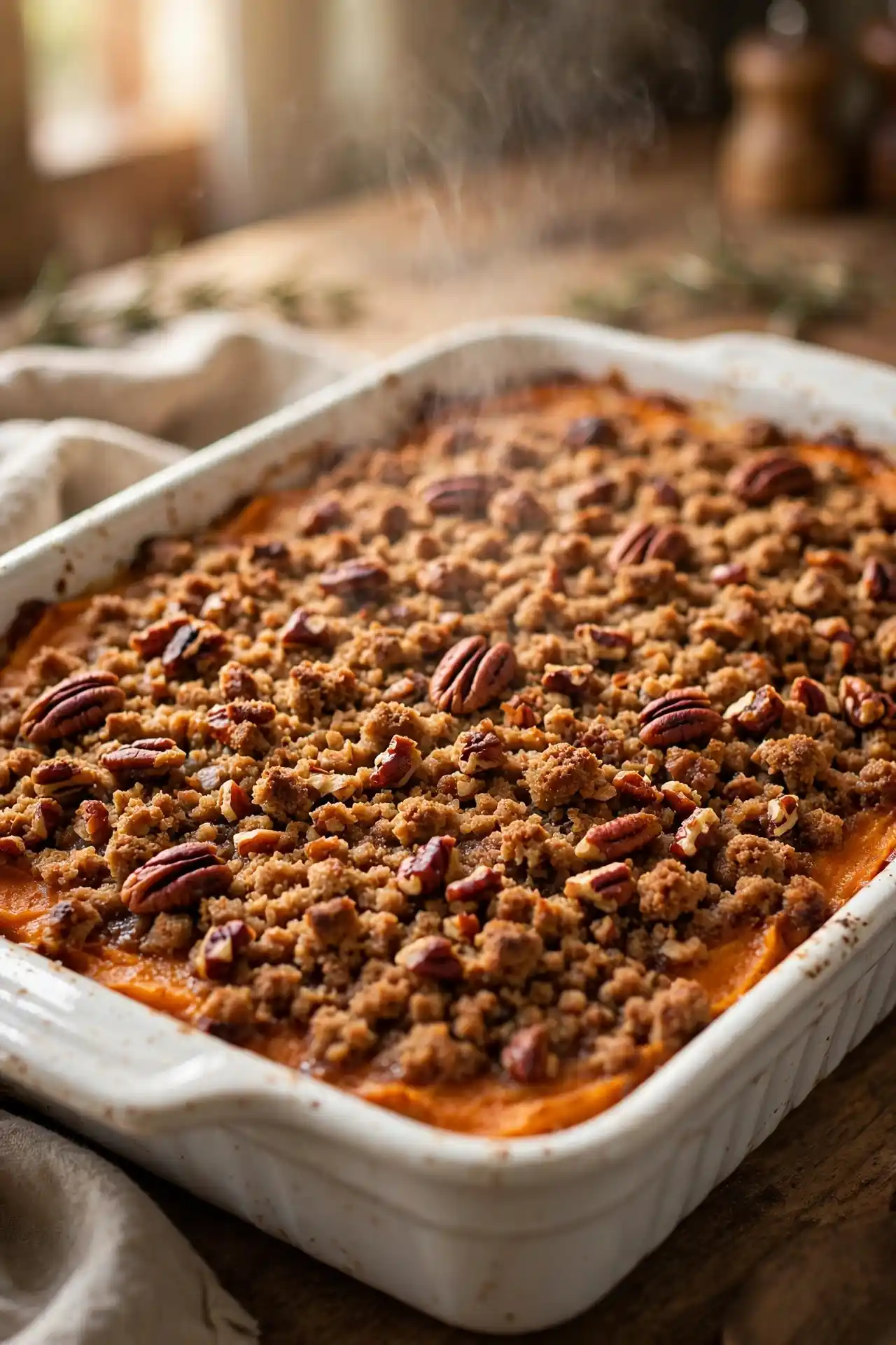 Sweet potato casserole fresh from the oven with a crunchy golden-brown pecan streusel topping, edges of filling set — finished sweet potato casserole ready to rest
