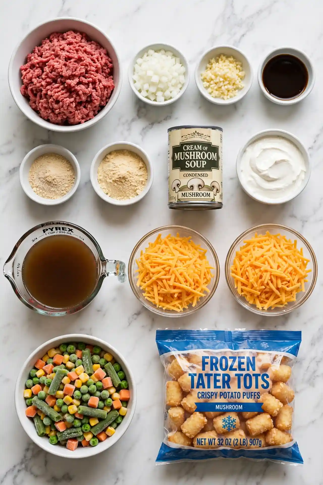 All ingredients for tater tot casserole laid out on white marble including ground beef, cream of mushroom soup, cheddar cheese, sour cream, and frozen tots — tater tot casserole ingredients