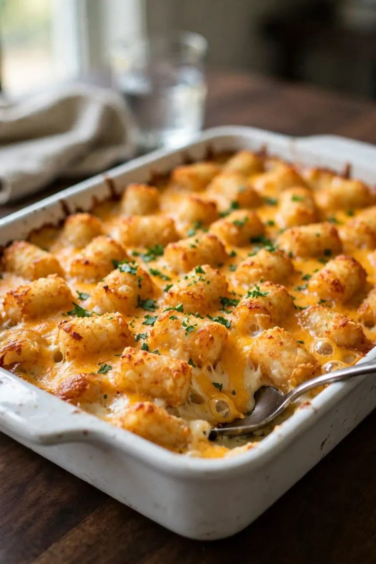 Tater tot casserole with ground beef and cheddar cheese in a baking dish, golden crispy tots on top — tater tot casserole