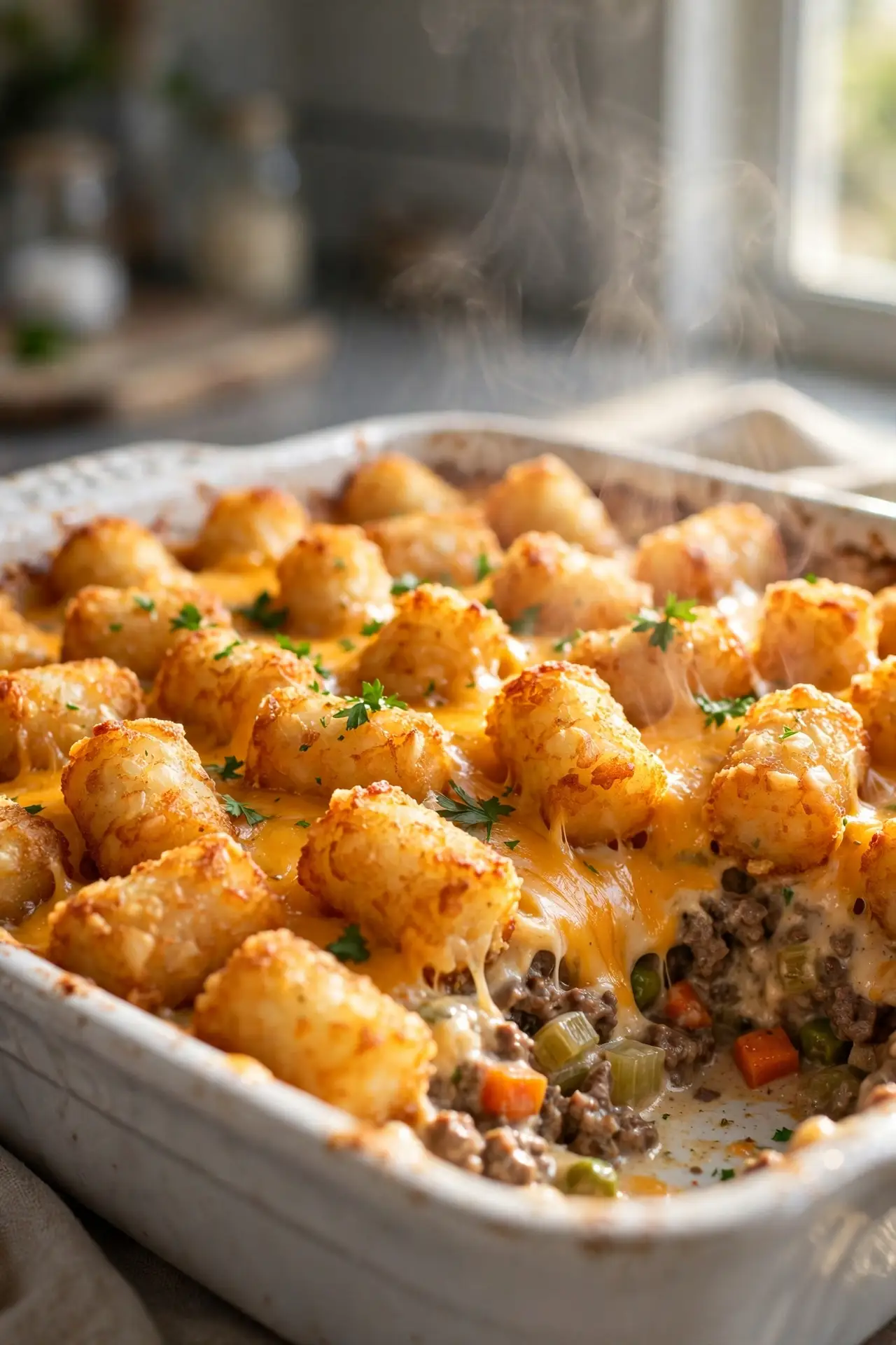 Close-up of tater tot casserole showing crispy golden tots with bubbling melted cheddar and the beef filling visible in a served corner — tater tot casserole