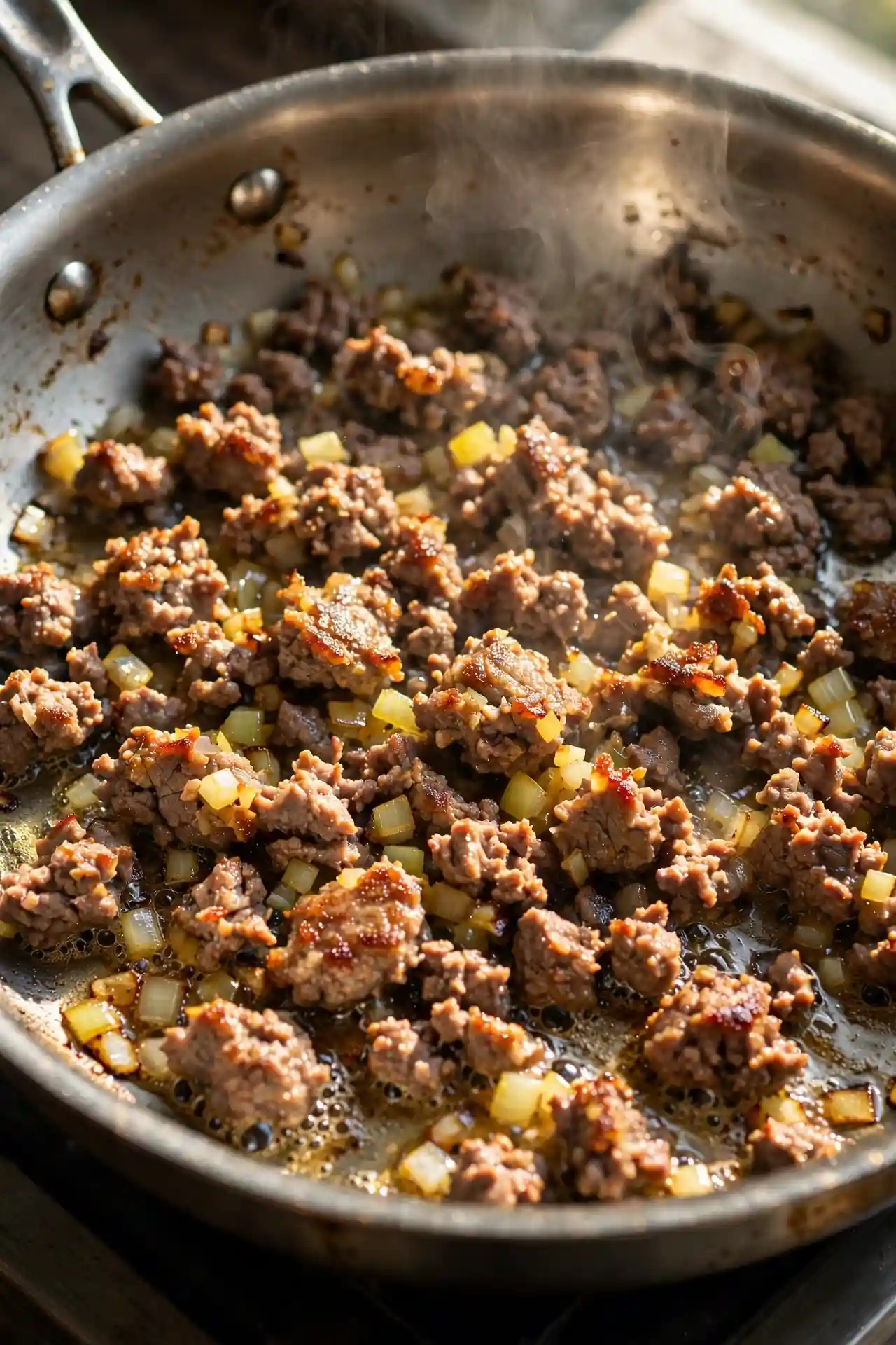 Ground beef and diced onion browning in a skillet with fat being drained — step in making tater tot casserole