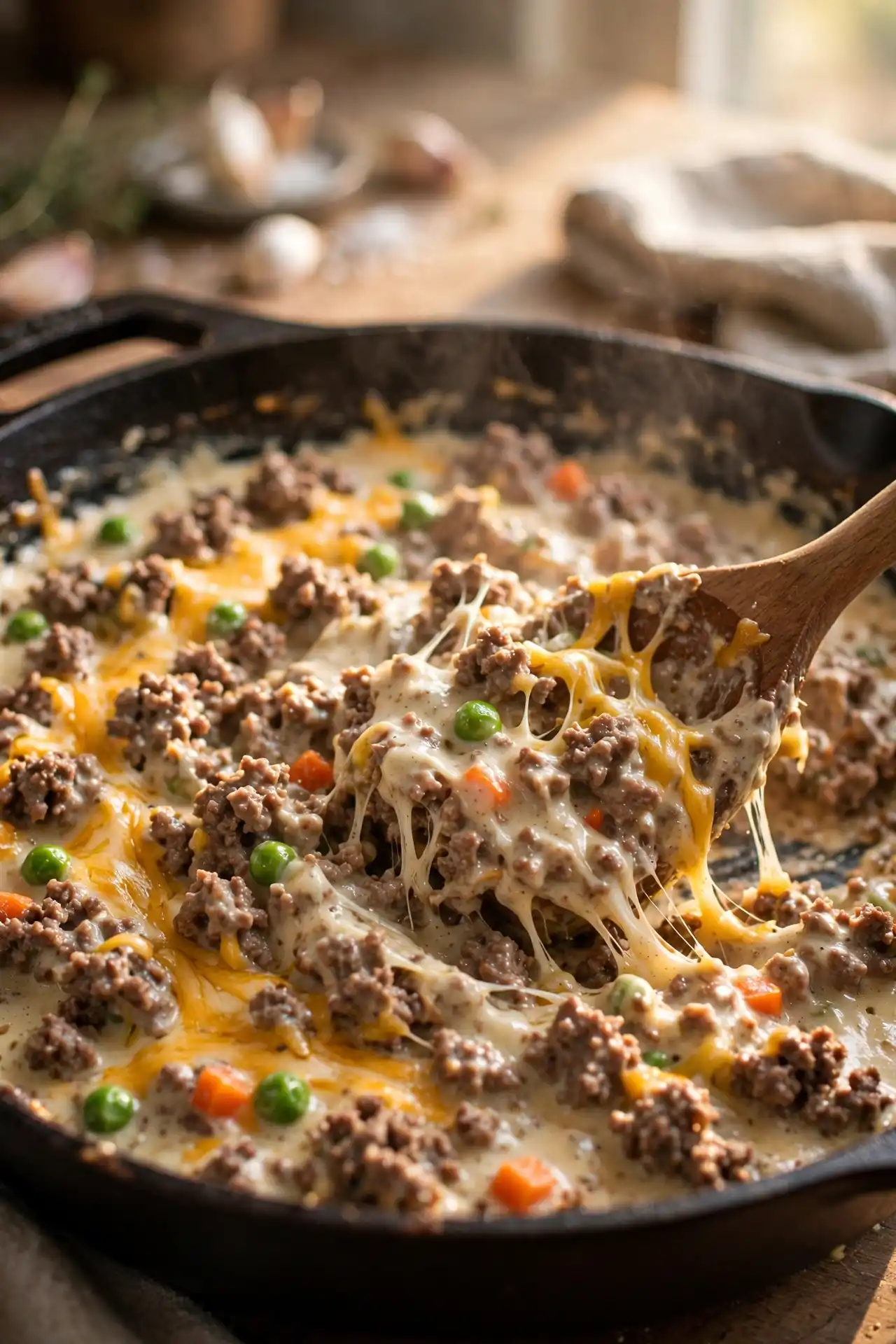 Creamy beef and mushroom sauce mixture with cheddar being stirred in a skillet — step in making tater tot casserole