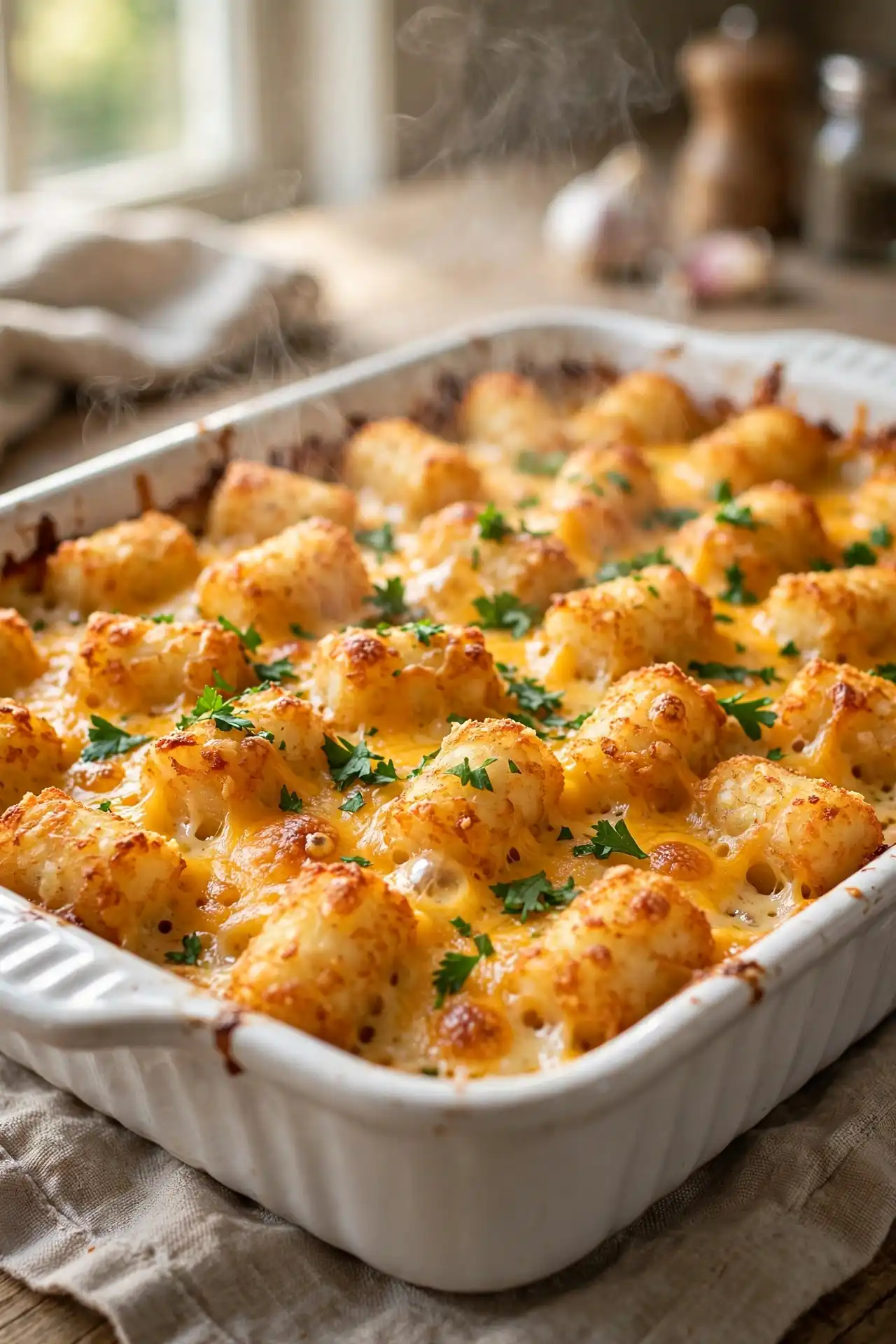 Tater tot casserole fresh from the oven with bubbling cheddar and crispy golden tots — finished tater tot casserole