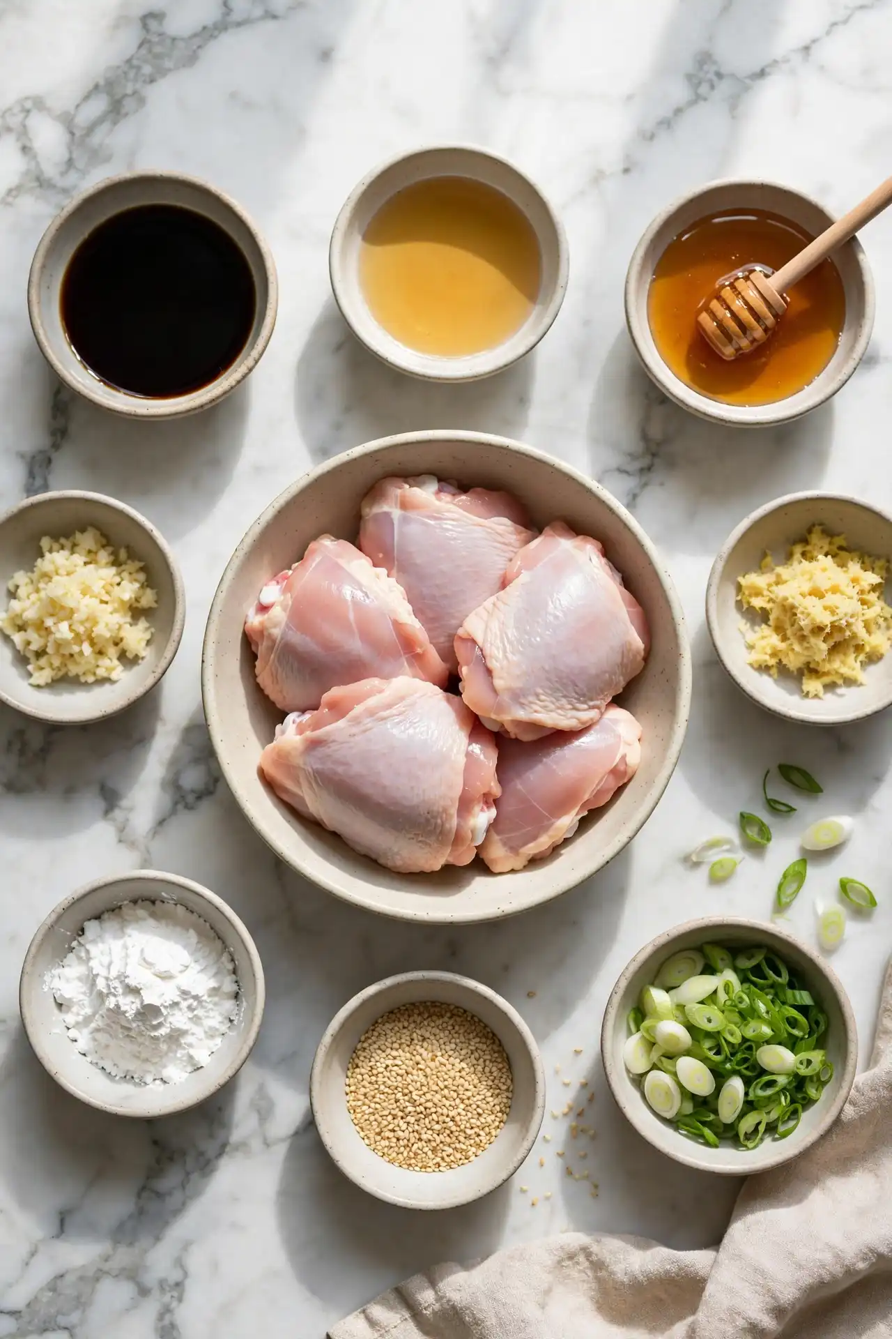 All ingredients for teriyaki chicken laid out flat on white marble — teriyaki chicken ingredients