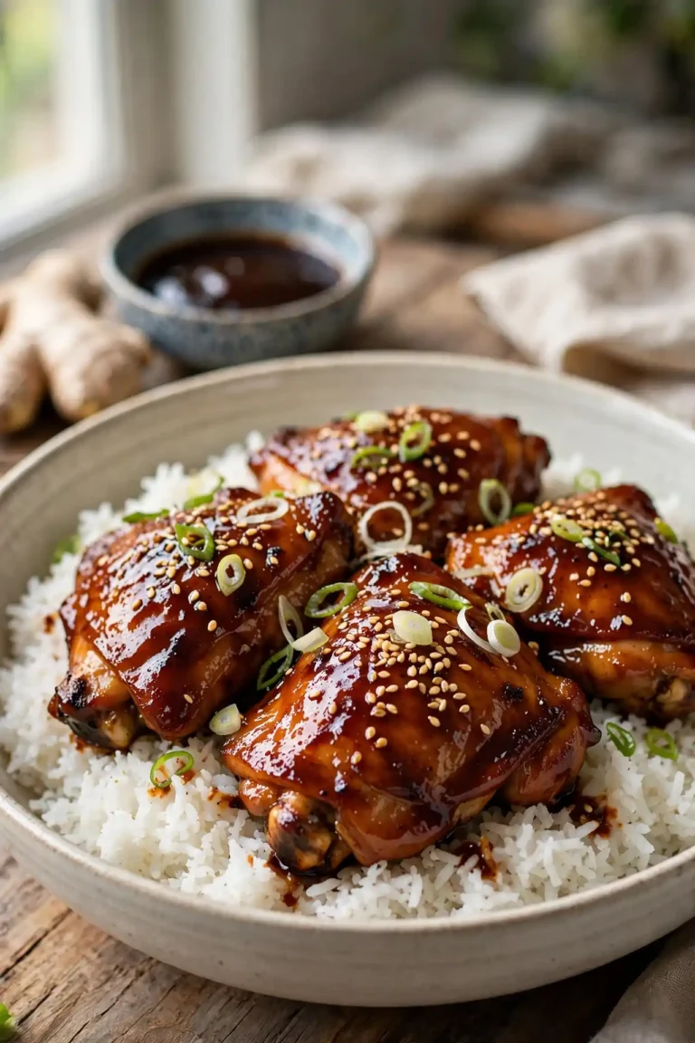 Teriyaki chicken served in a ceramic bowl over jasmine rice, garnished with sesame seeds and spring onions, natural light — teriyaki chicken