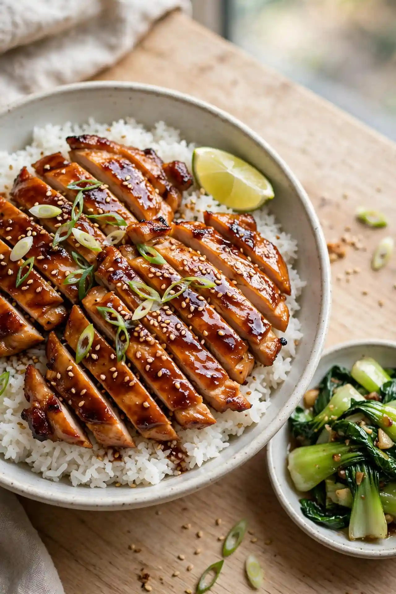 Sliced teriyaki chicken served over rice with sesame seeds and spring onions, bok choy alongside — teriyaki chicken plated and ready to serve